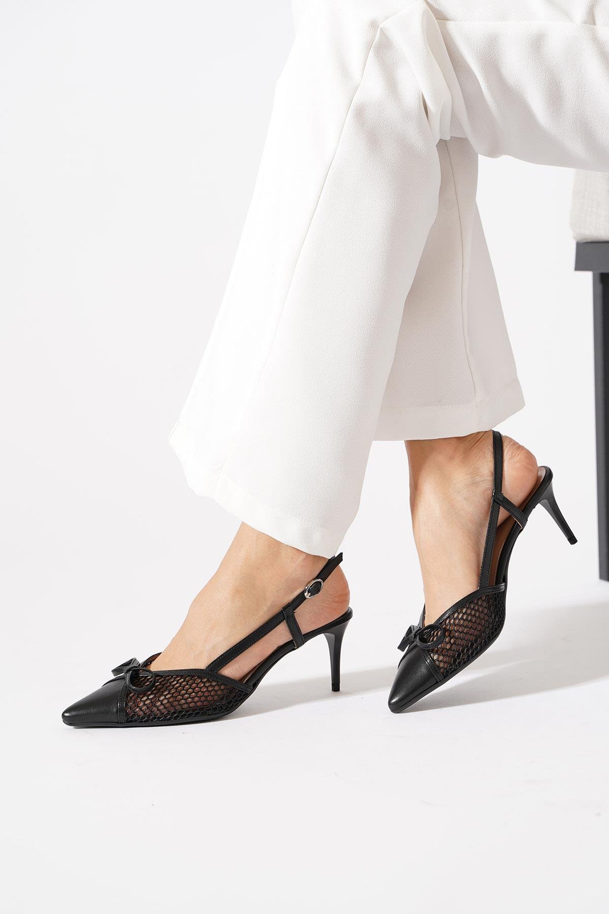 Arka Açık Komple Fileli Kadın Topuklu Ayakkabı Siyah Cilt