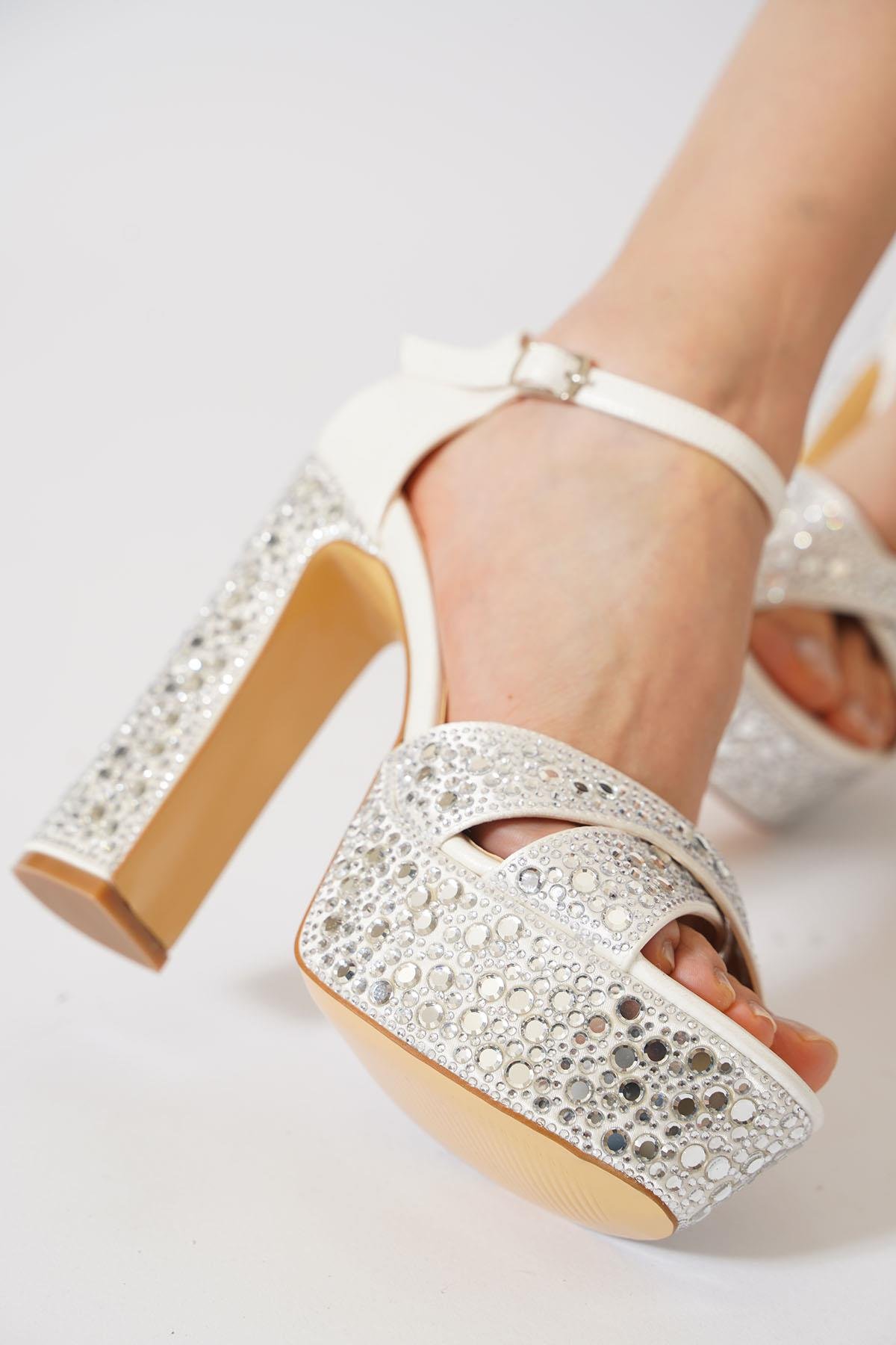 Aurika Çapraz Taşlı Platform  Abiye Kadın Ayakkabı Sedef Cilt