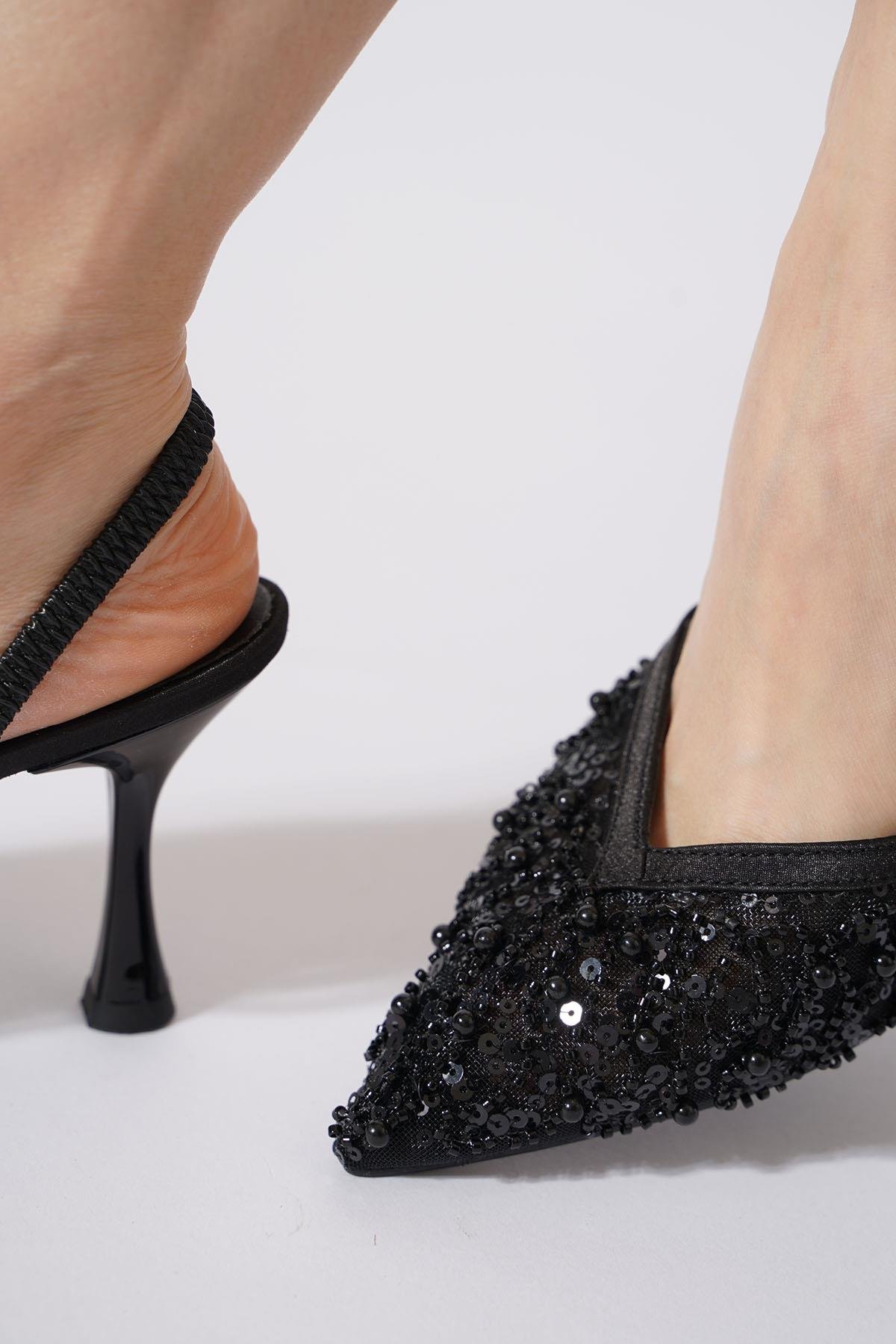 Barse Boncuk İşlemeli Kadın Abiye Ayakkabı Siyah Saten