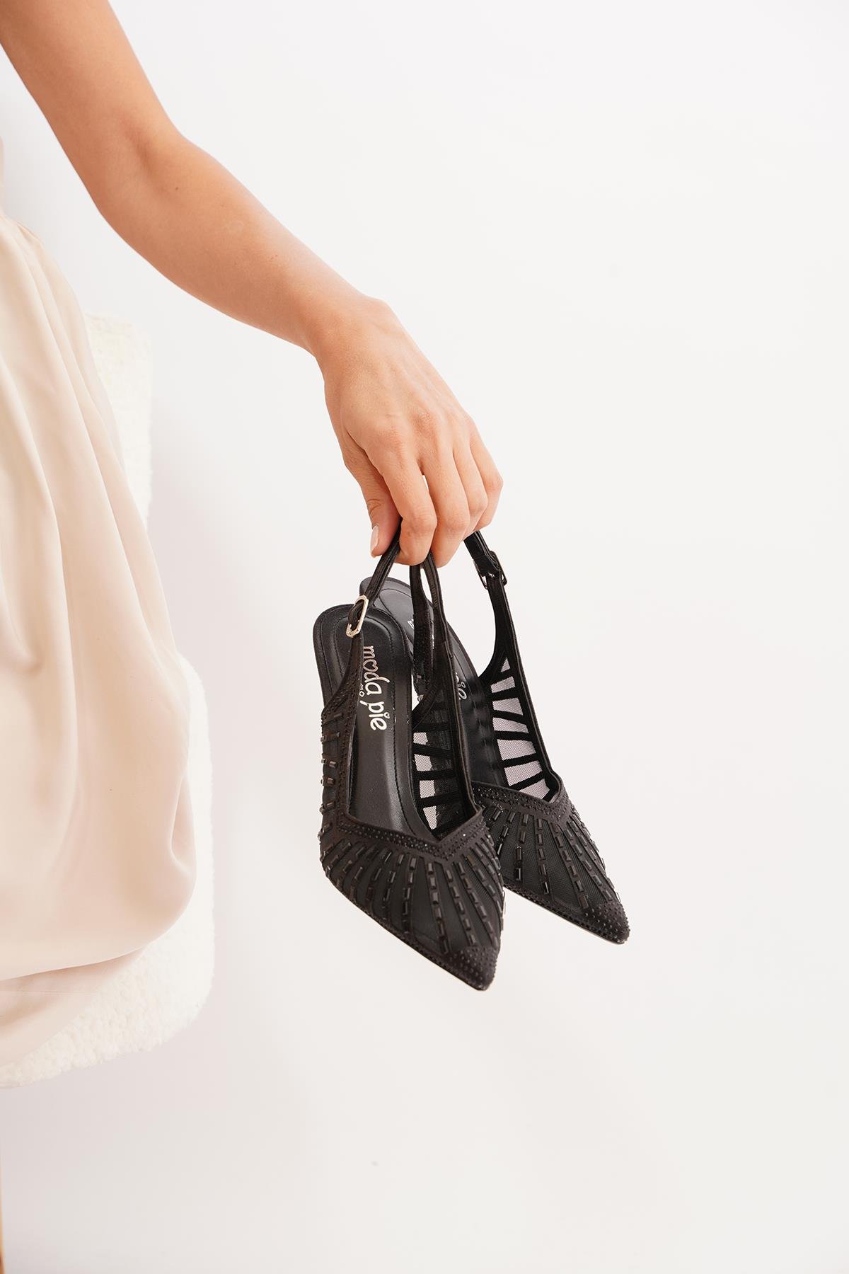 Brilda V Ağız Taşlı Kadın Abiye Topuklu Ayakkabı Siyah Sıvama