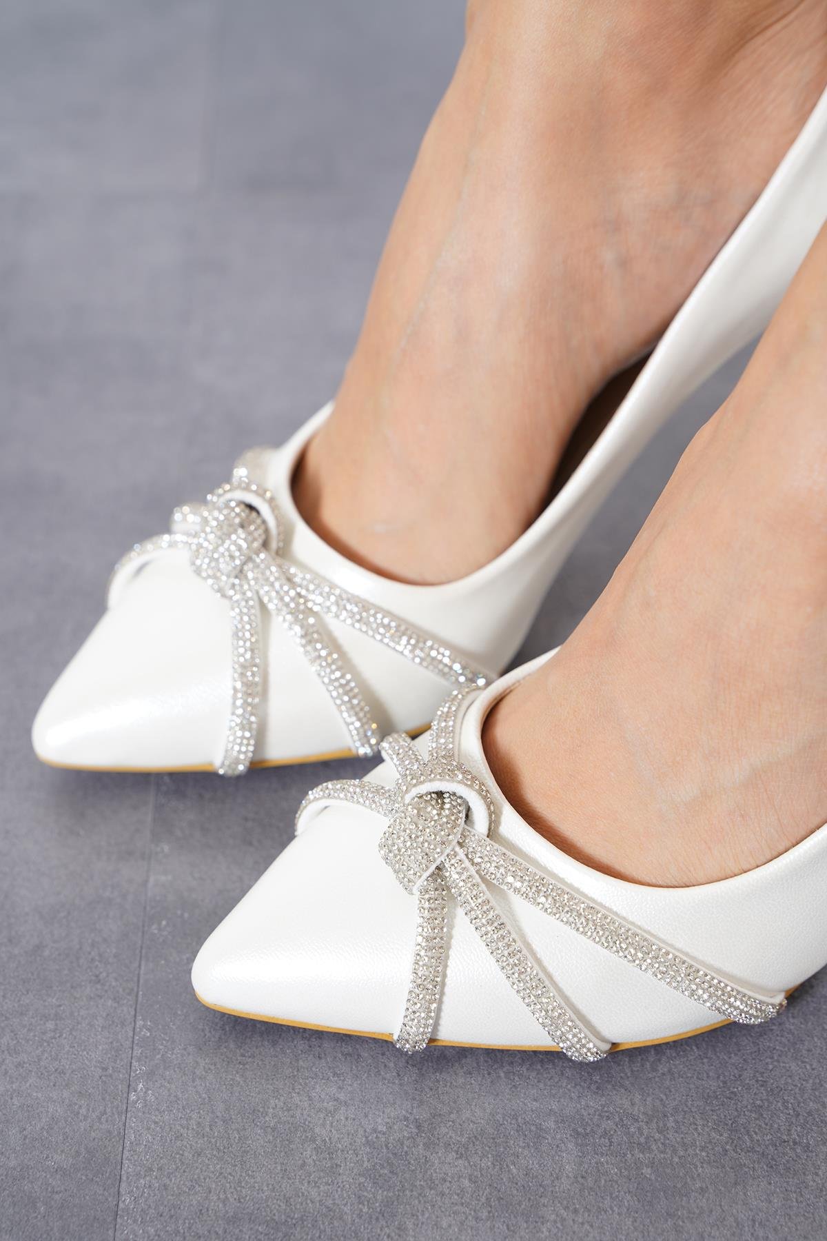 Caly Ağ Örgülü Topuklu Kadın Ayakkabı Sedef Cilt