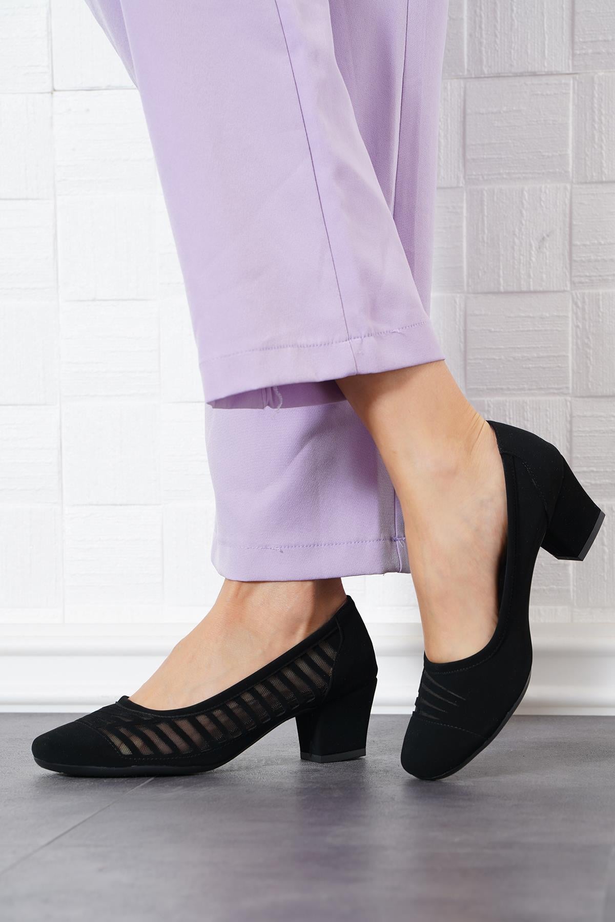 Colly Küt Burun Yan Tüllü Kadın Topuklu Ayakkabı Siyah Süet