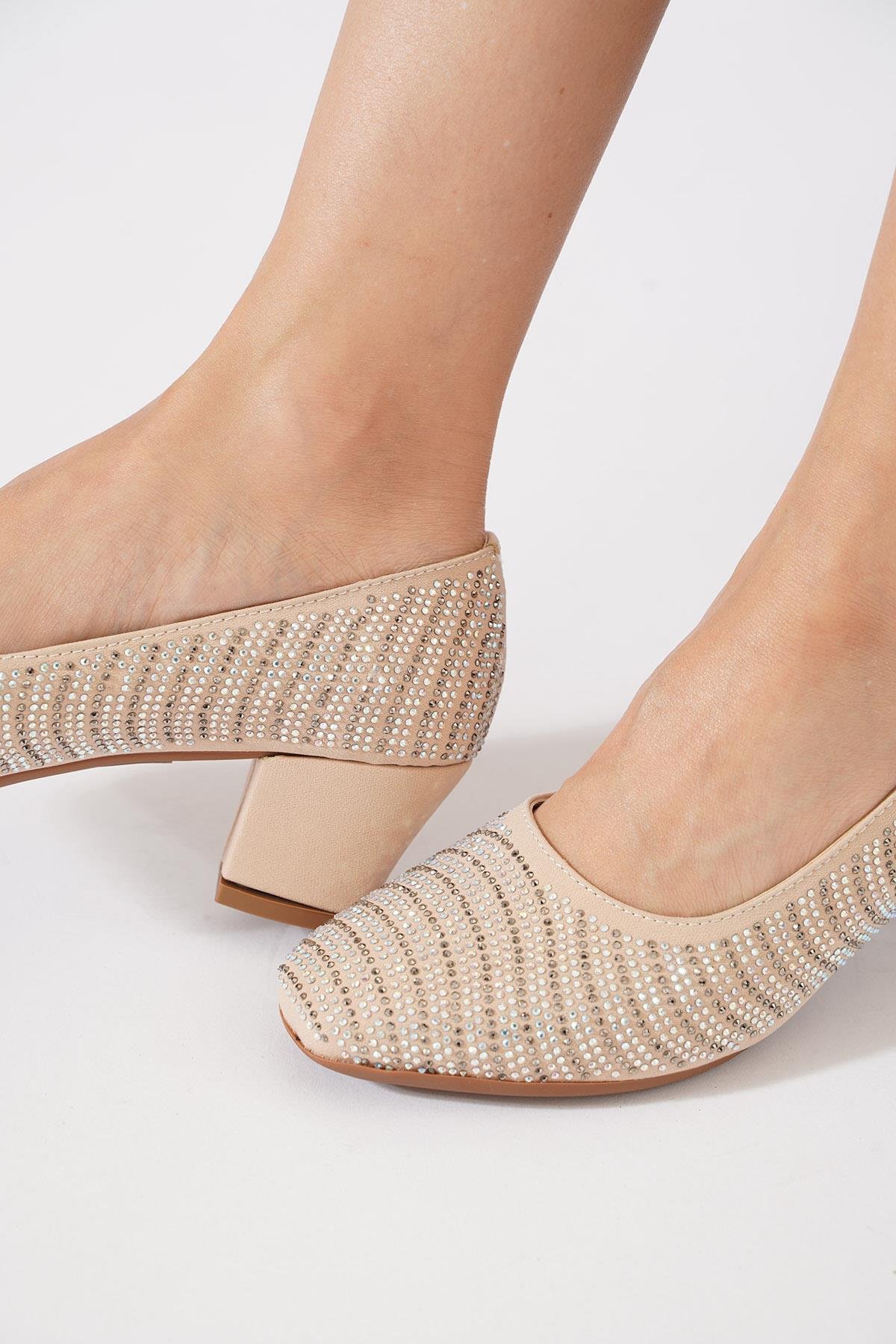 Deltey Komple Taş Baskı  Kadın Topuklu Ayakkabı Nut