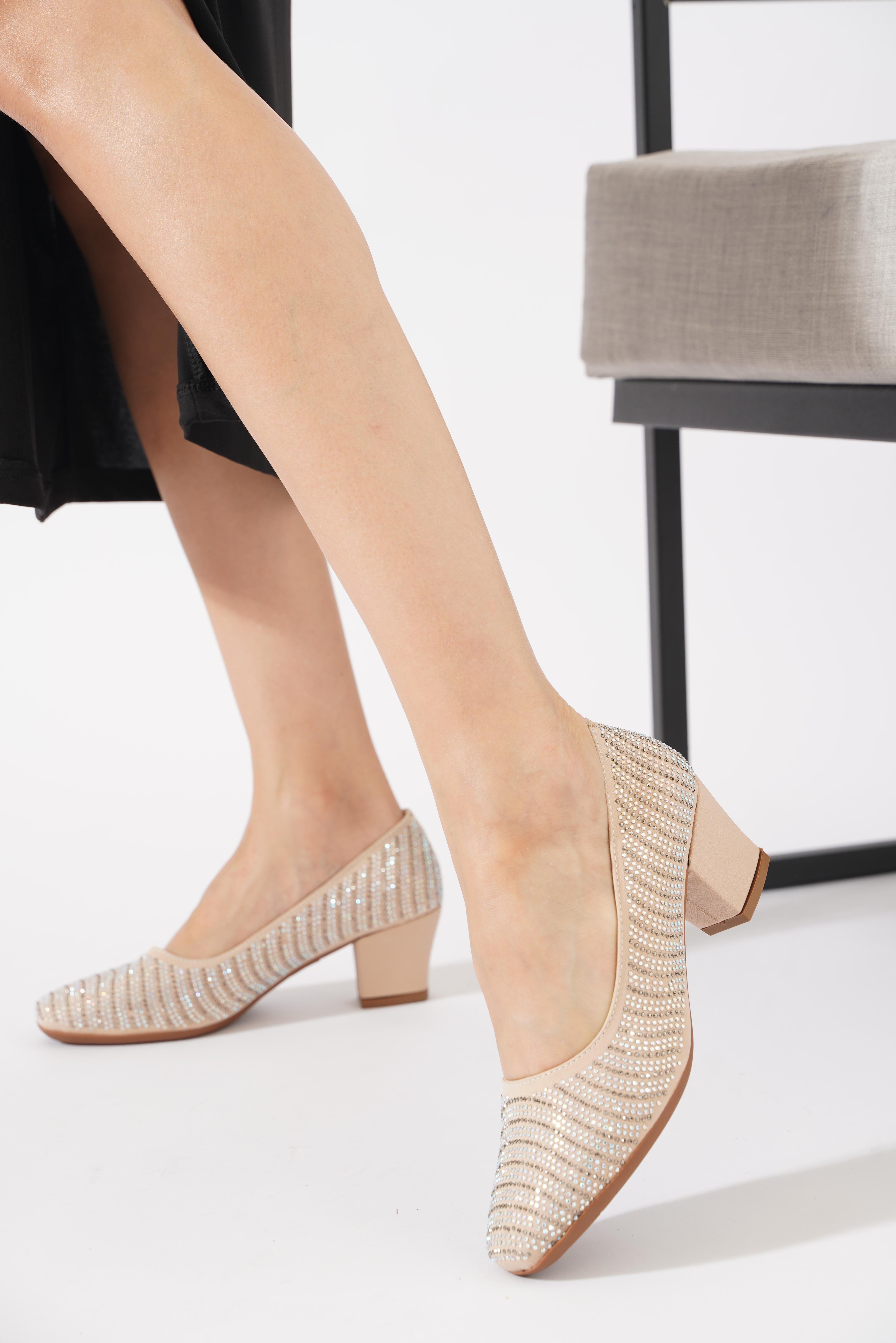 Deltey Komple Taş Baskı  Kadın Topuklu Ayakkabı Nut