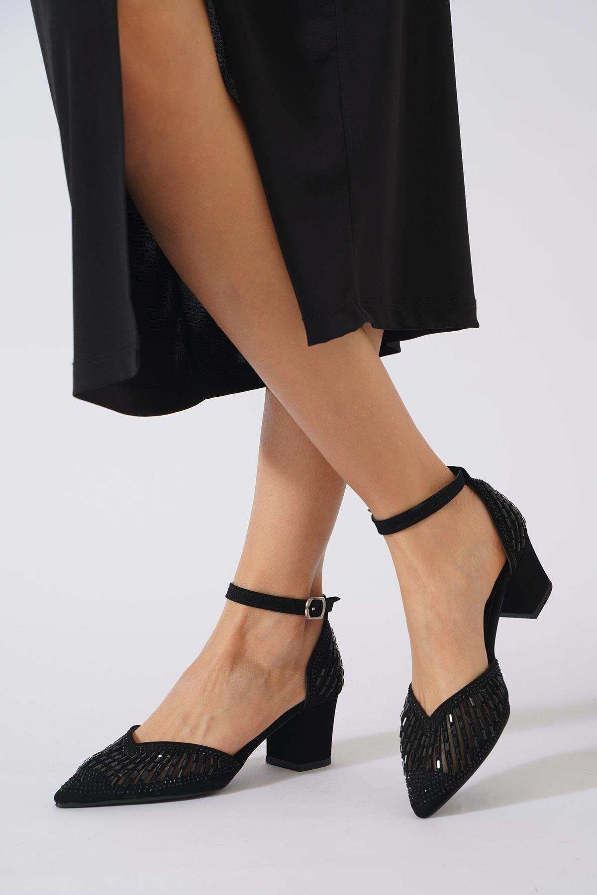 Dermes Lazer Taşlı Kadın Abiye Topuklu Siyah