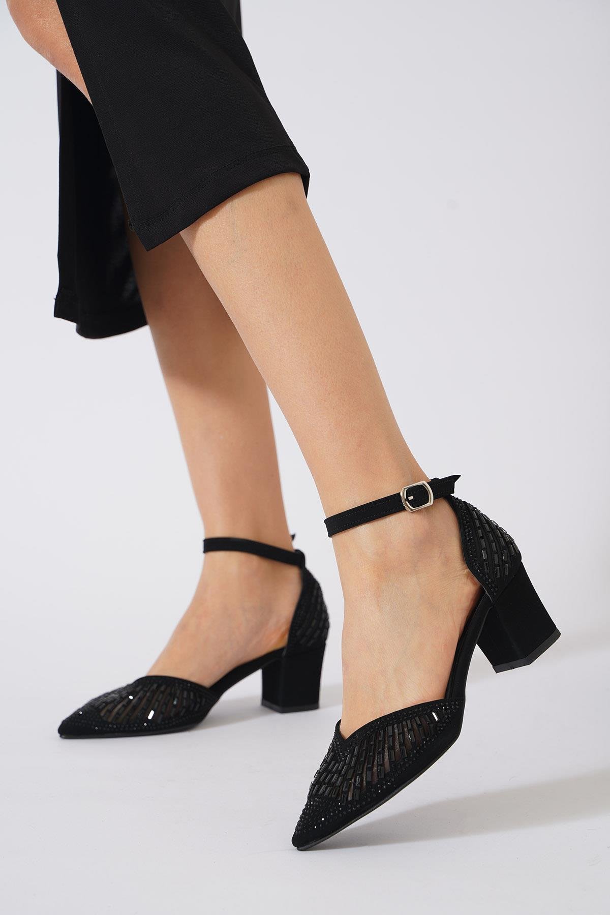 Dermes Lazer Taşlı Kadın Abiye Topuklu Siyah