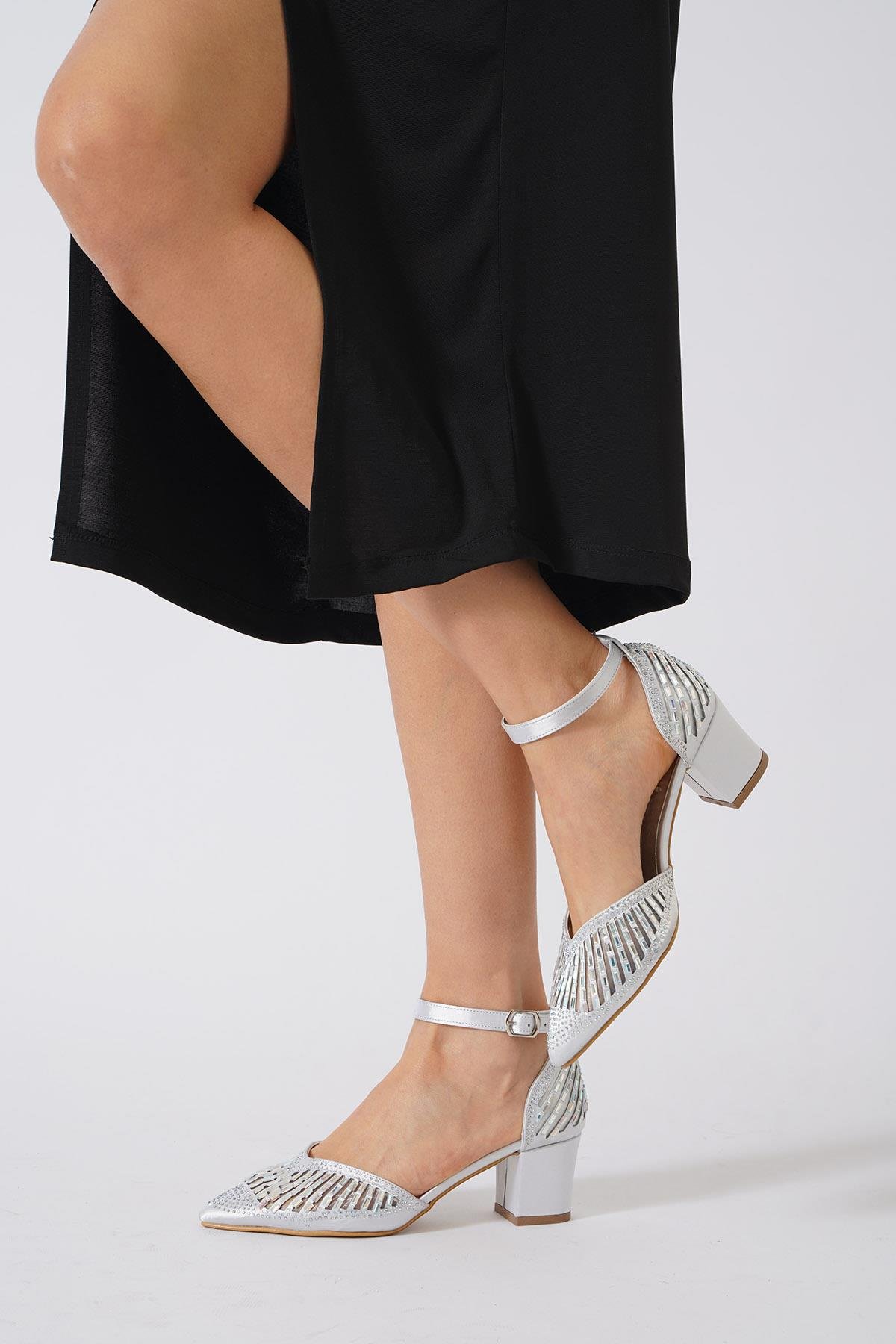 Dermes Lazer Taşlı Kadın Abiye Topuklu Gümüş