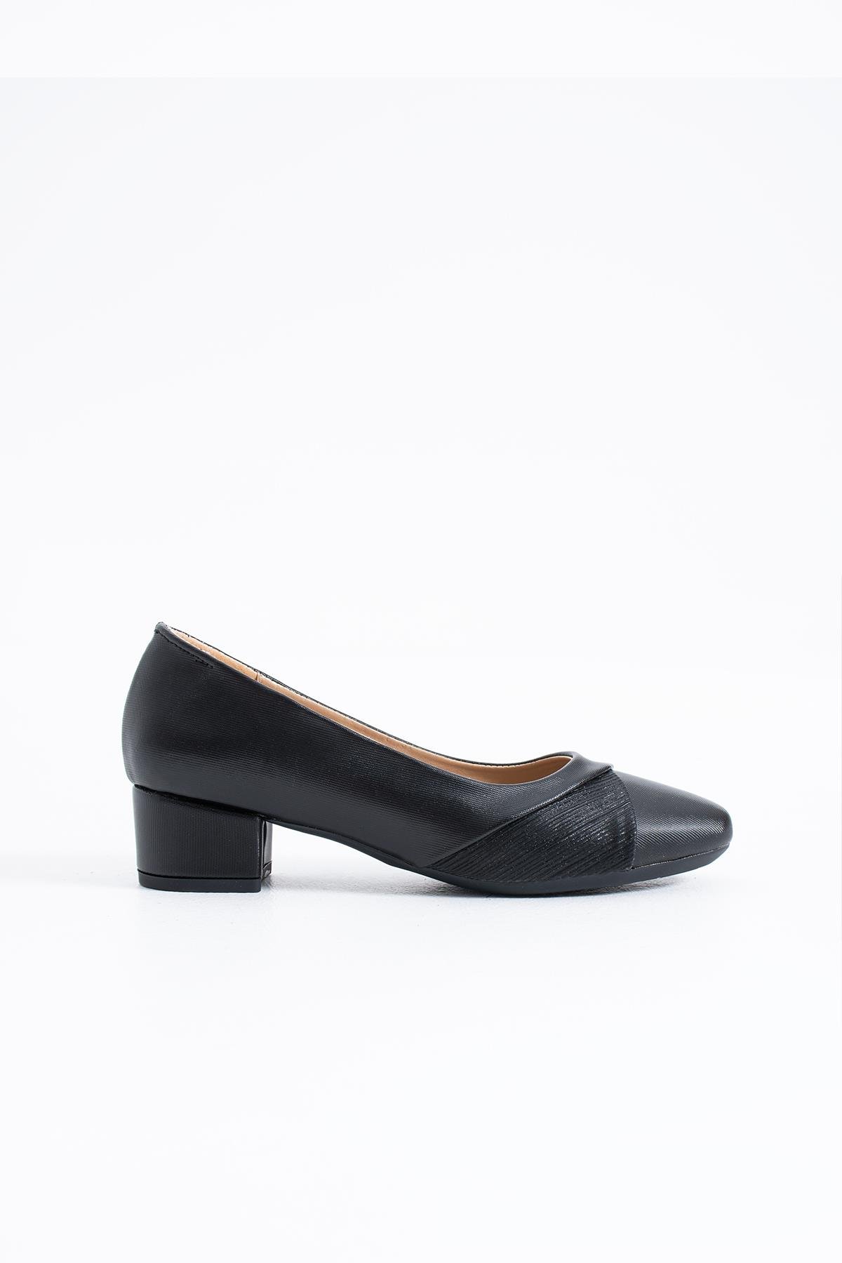 Faceus Alçak Ökçe  Yan Garnili Kadın Topuklu Ayakkabı Siyah Saten