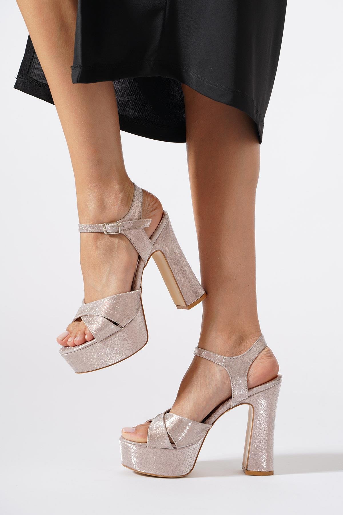 Femito Çapraz Bant Yılan Kadın Abiye  Ayakkabı Roz Petek