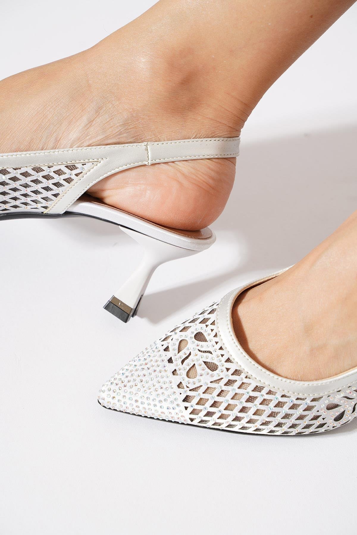 File Taşlı Kadın Abiye Topuklu Ayakkabı Gümüş