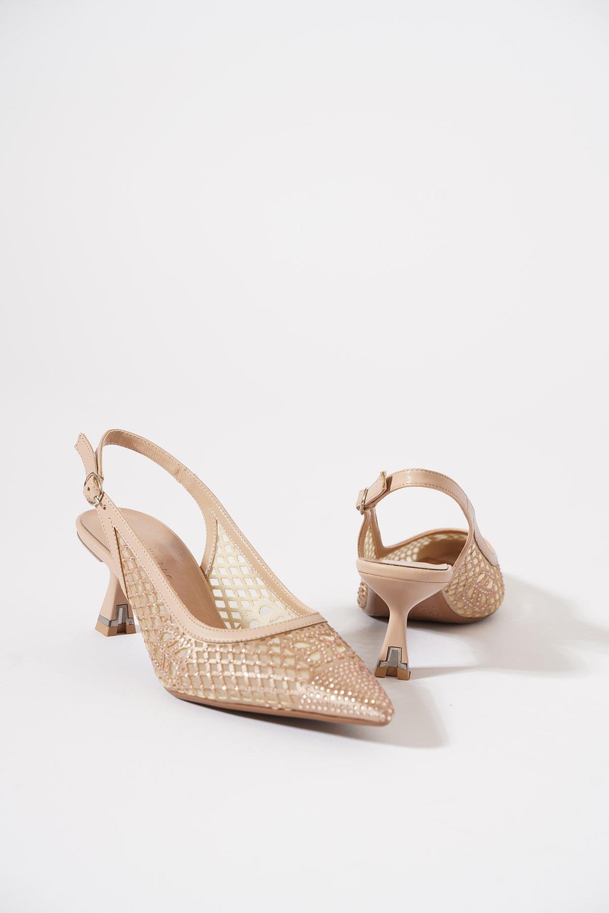 File Taşlı Kadın Abiye Topuklu Ayakkabı Altın