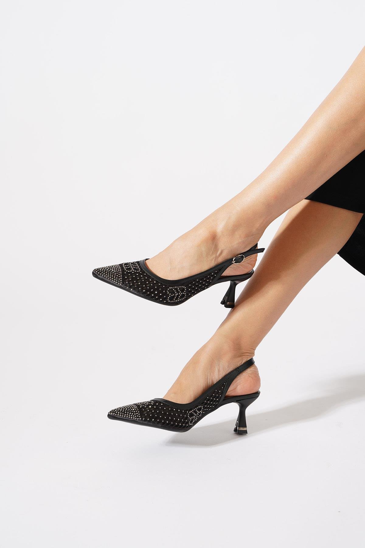 File Taşlı Kadın Abiye Topuklu Ayakkabı Siyah