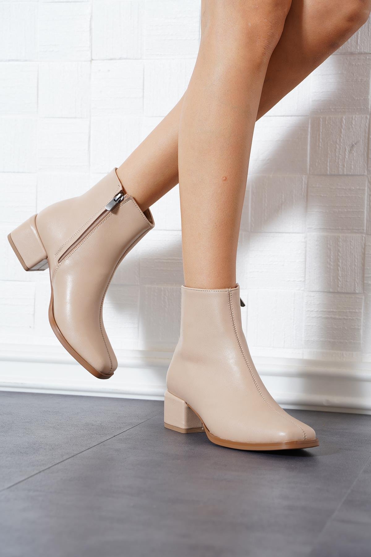 Flibjox Orta Dikişli Fermuarlı Kadın Bot Nut Cilt