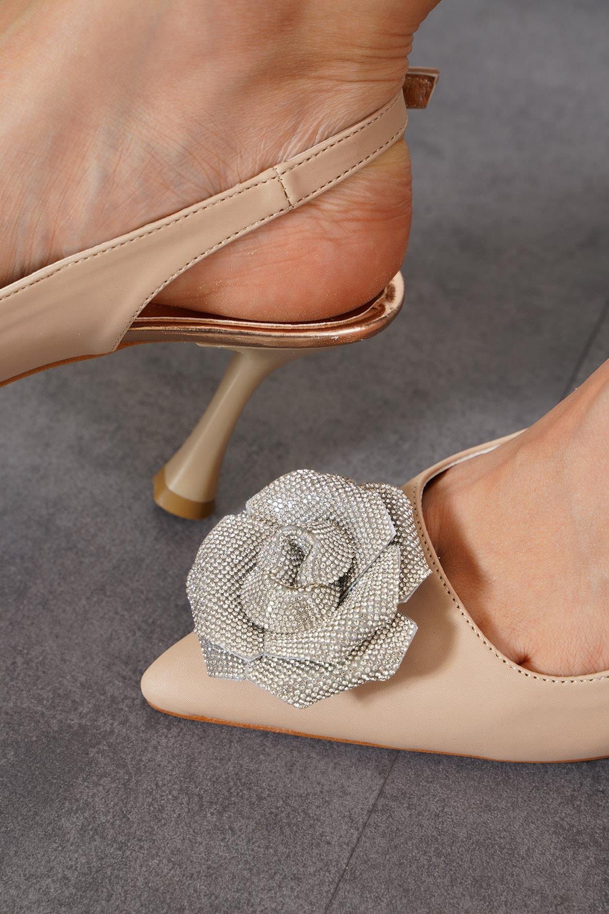 Gerlas Gül Toka Taşlı Kadın Abiye Topuklu Vizon Saten