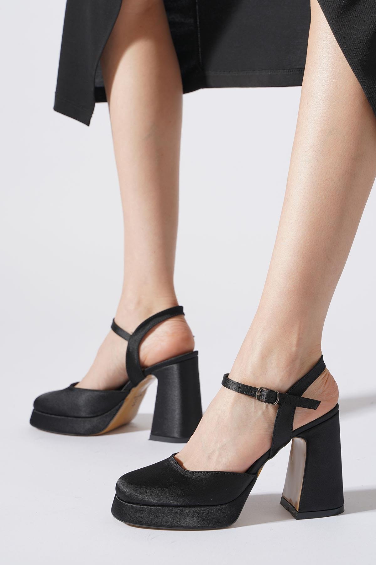 Giswer Düz Yüz  Platform Kadın Abiye Ayakkabı Siyah Saten
