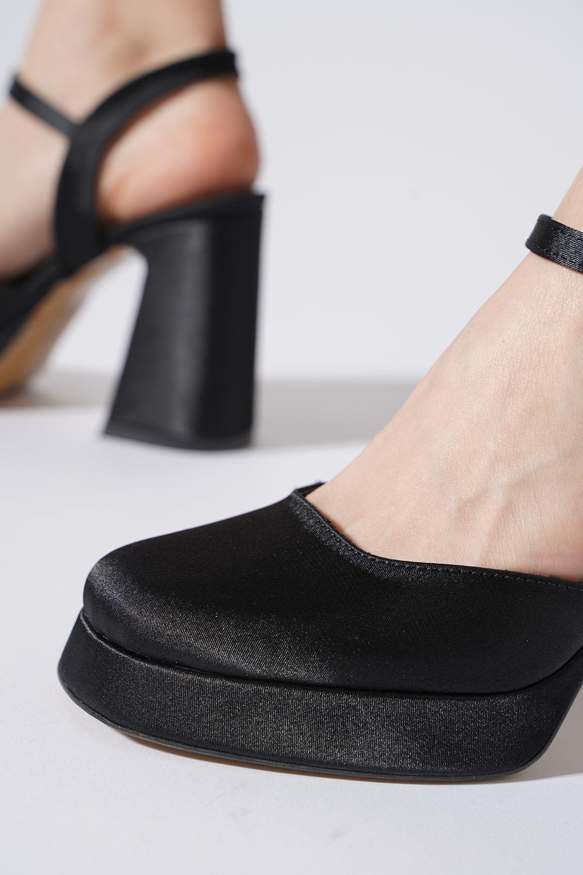 Giswer Düz Yüz  Platform Kadın Abiye Ayakkabı Siyah Saten