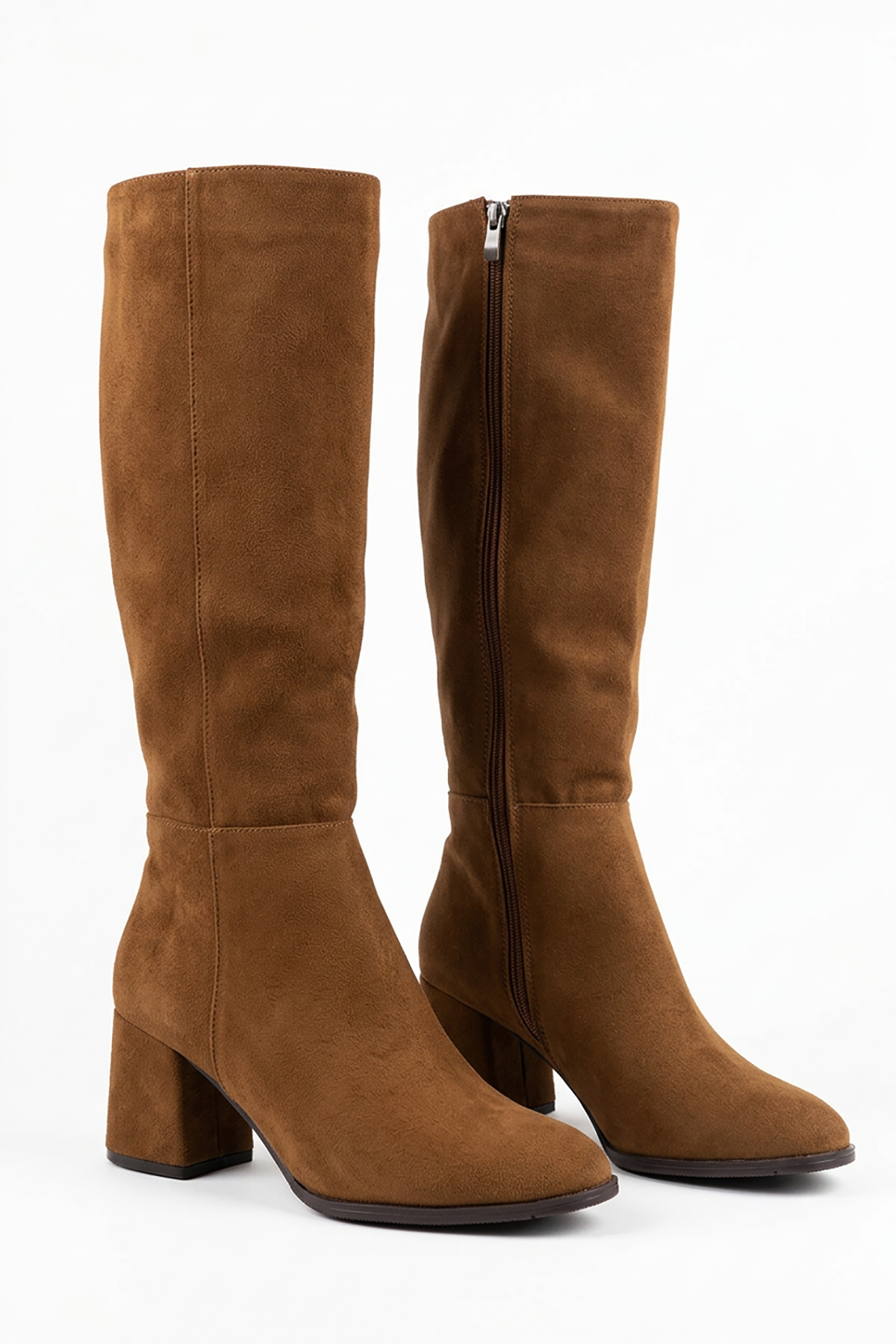 Heper Parçalı Kadın Topuklu Çizme Taba Süet