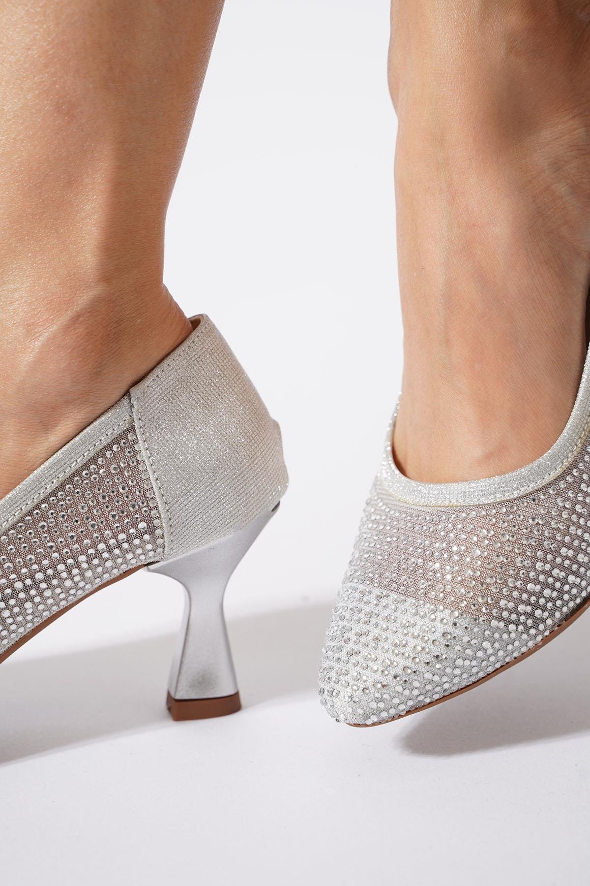 Husmer Fileli Komple Taşlı Kadın Topuklu Ayakkabı Gümüş Sim