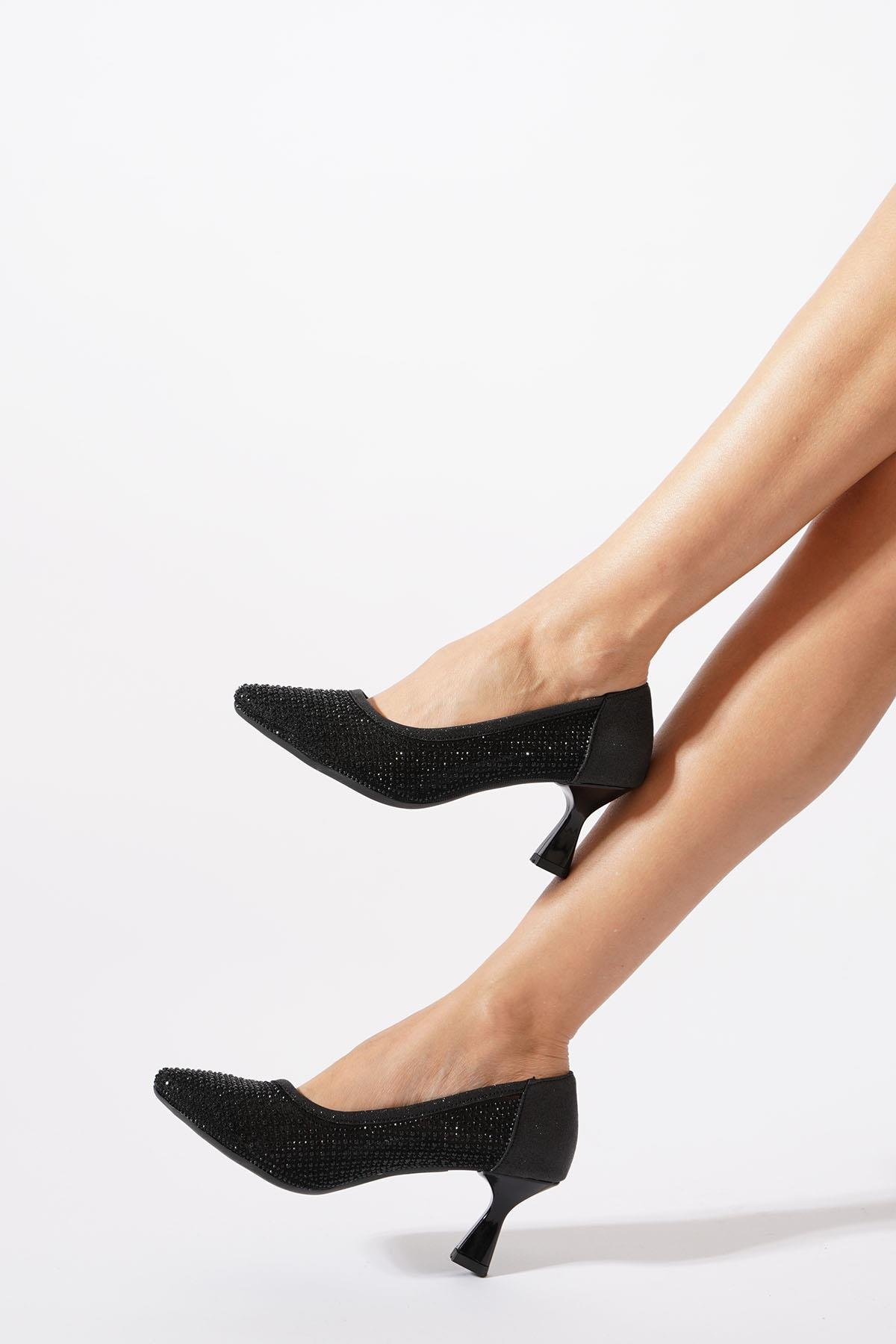 Husmer Fileli Komple Taşlı Kadın Topuklu Ayakkabı Siyah Sim