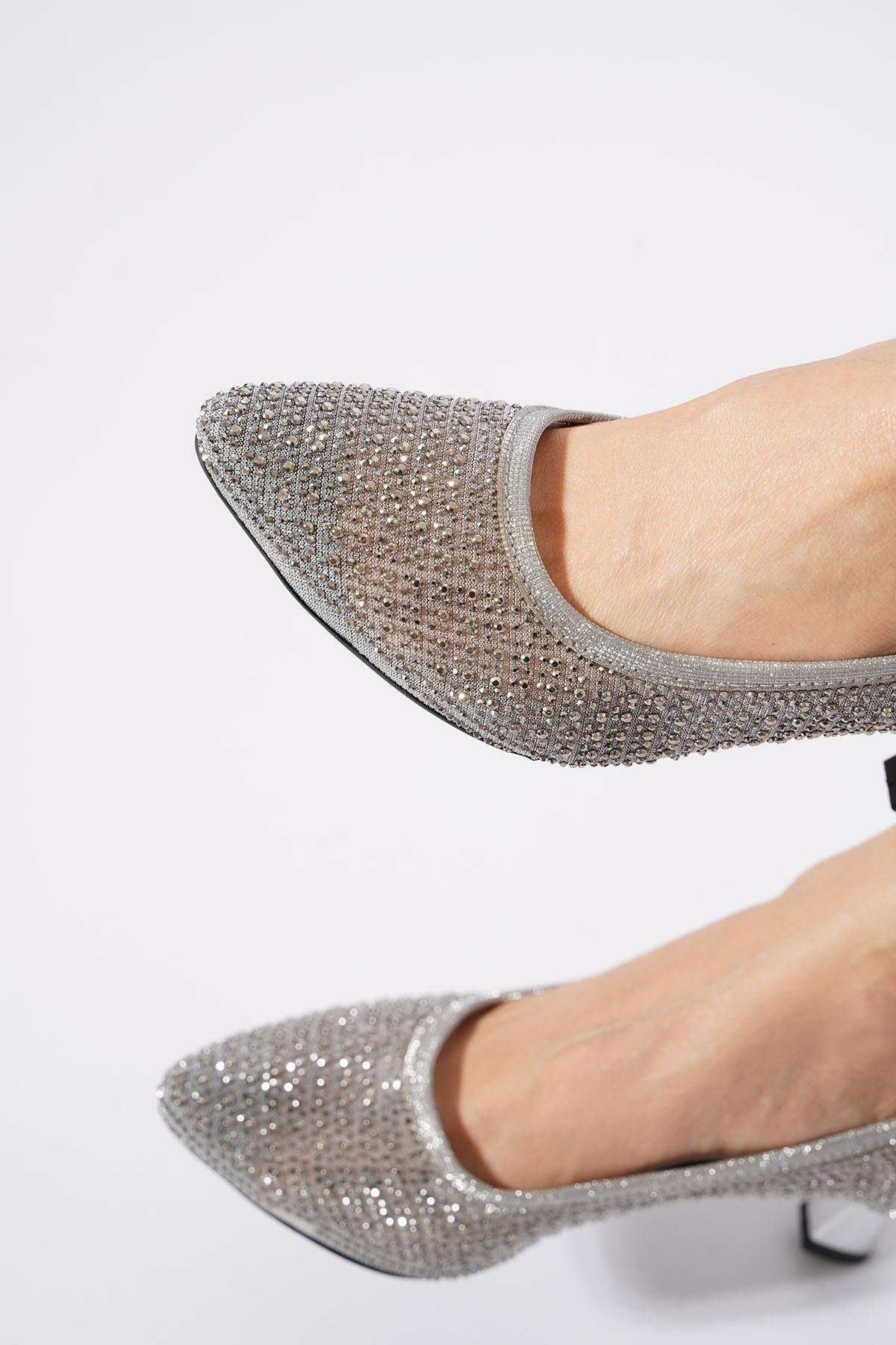 Husmer Fileli Komple Taşlı Kadın Topuklu Ayakkabı Platin Sim