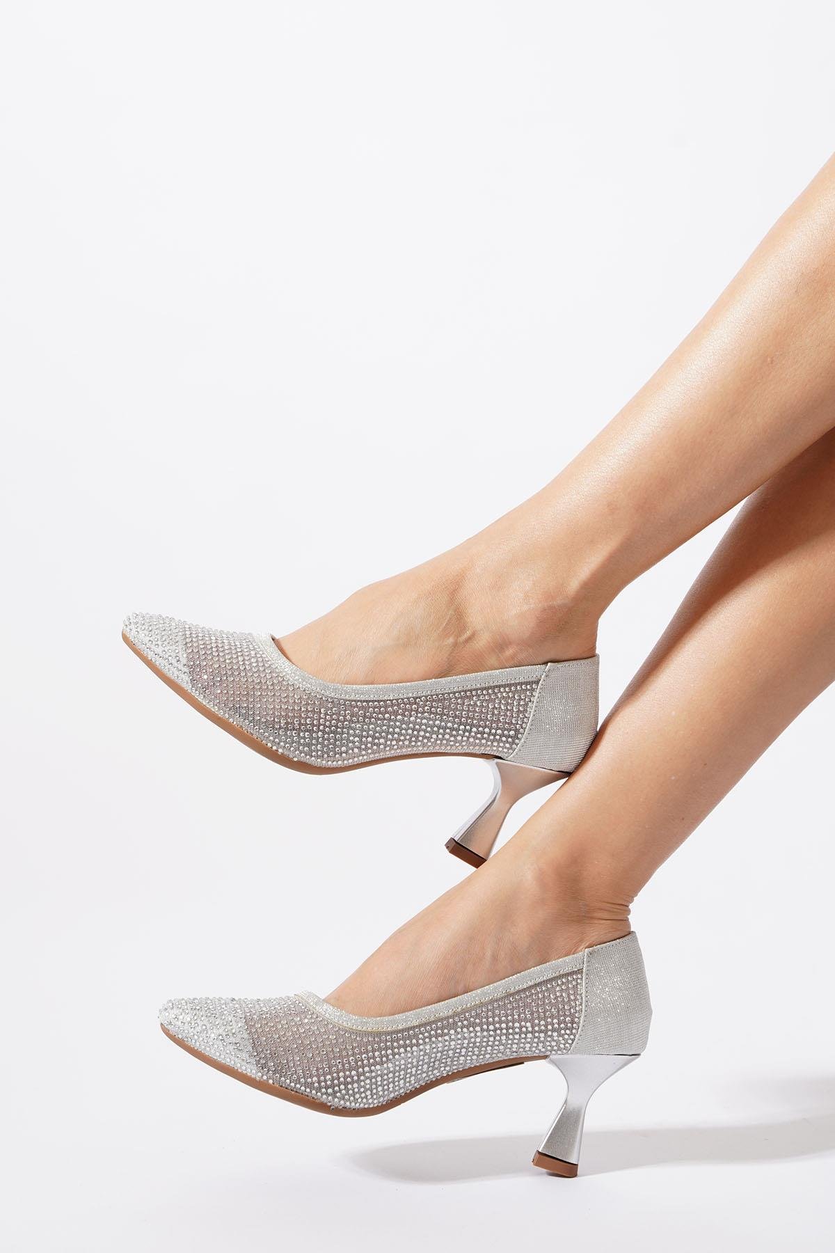 Husmer Fileli Komple Taşlı Kadın Topuklu Ayakkabı Gümüş Sim