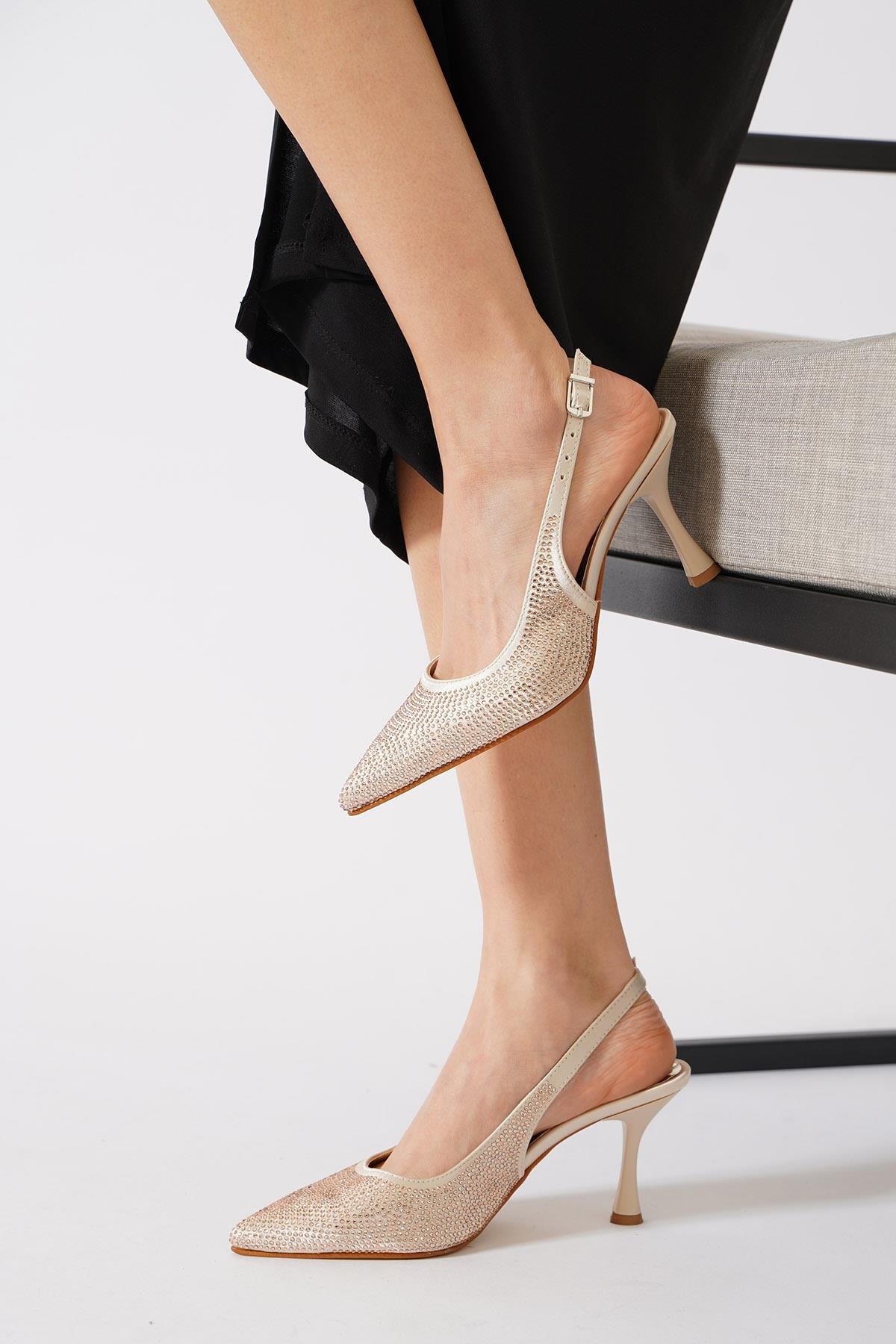 İdives Komple Taşlı Arka Açık Kadın Abiye Ayakkabı Ten Saten