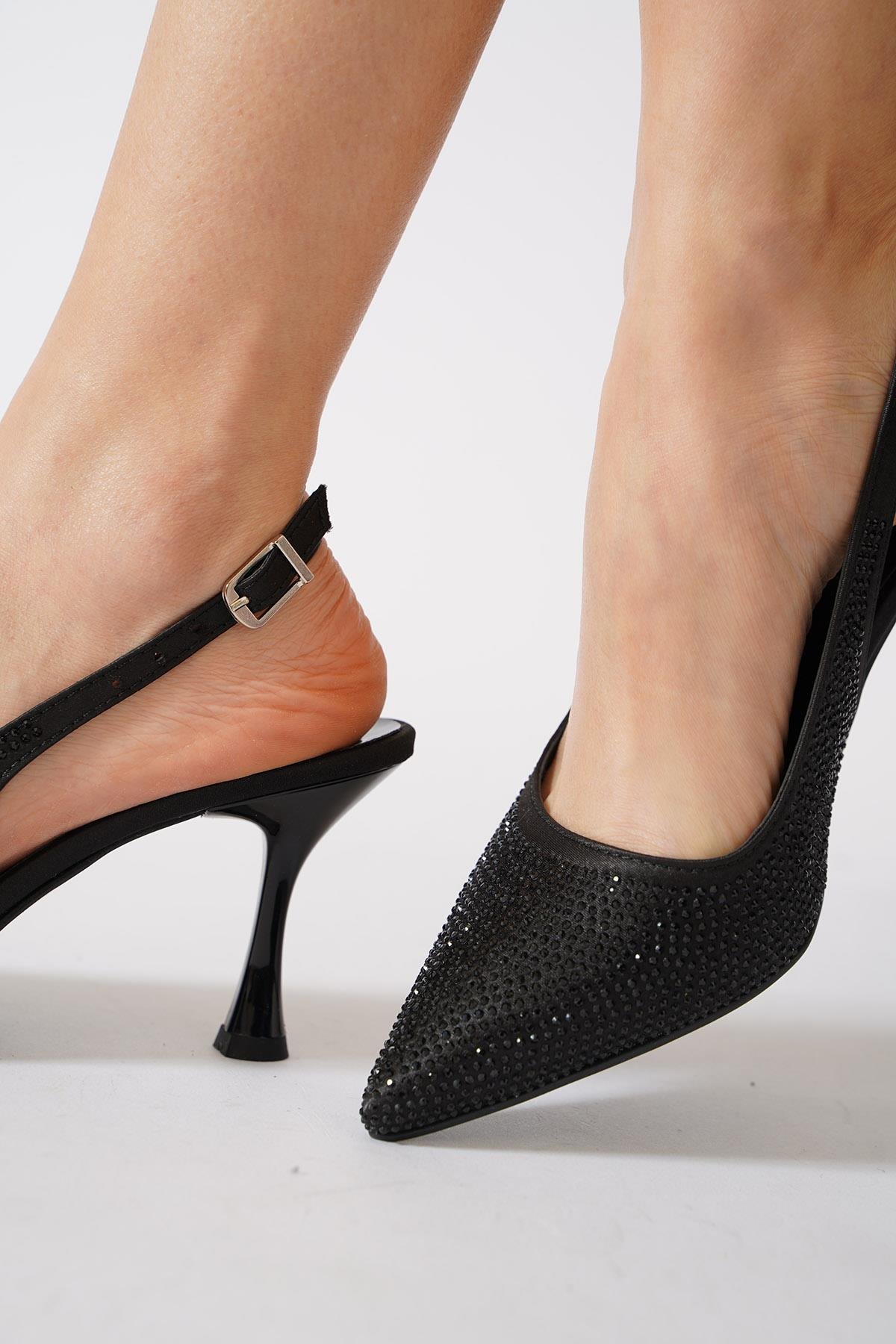 İdives Komple Taşlı Arka Açık Kadın Abiye Ayakkabı Siyah Saten