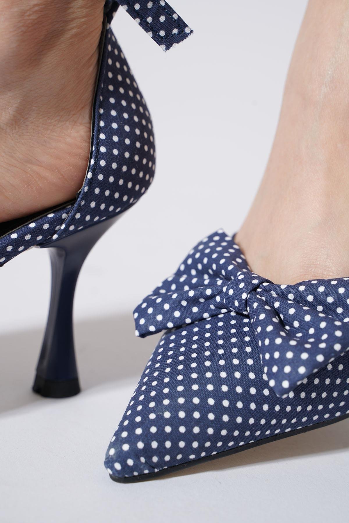 Kadon Puantiye Fiyonklu  Kadın Topuklu Ayakkabı Lacivert