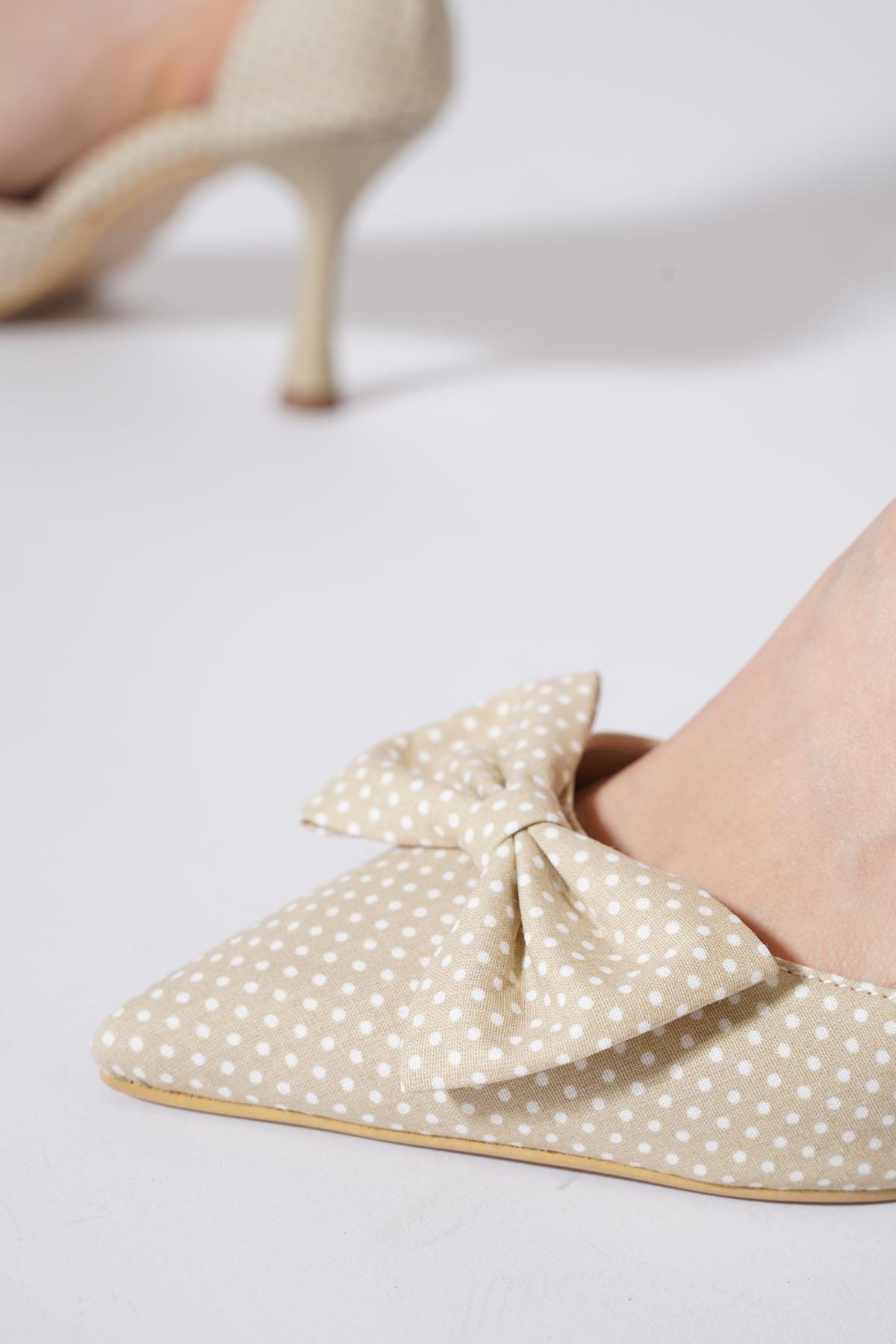 Kadon Puantiye Fiyonklu  Kadın Topuklu Ayakkabı Bej