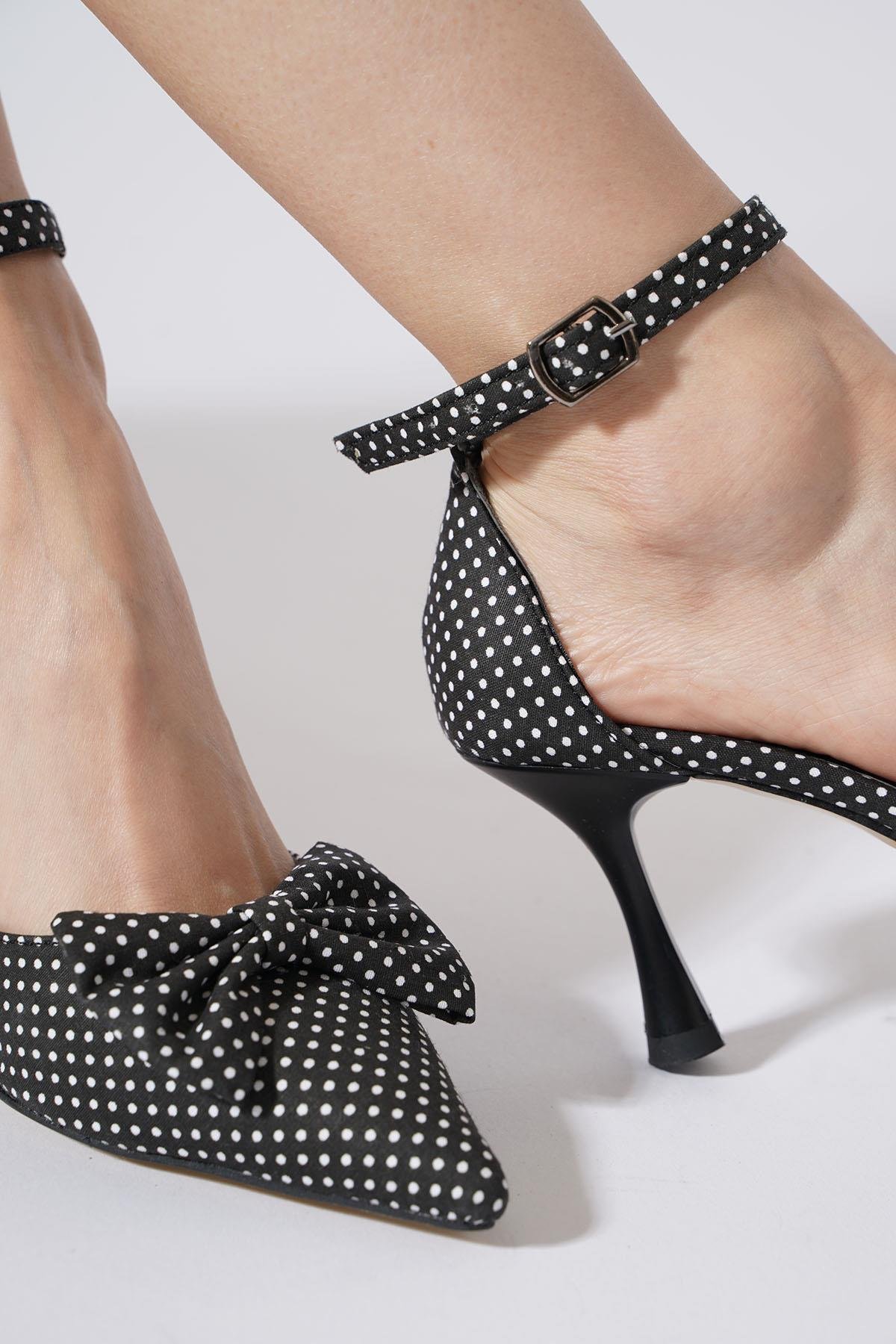 Kadon Puantiye Fiyonklu  Kadın Topuklu Ayakkabı Siyah