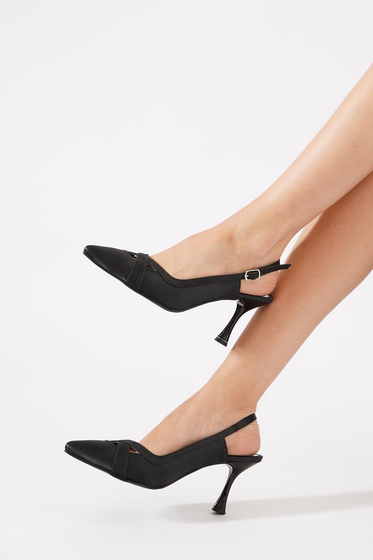 Kaler Arka Açık Çapraz Kadın Topuklu Ayakkabı Siyah Saten