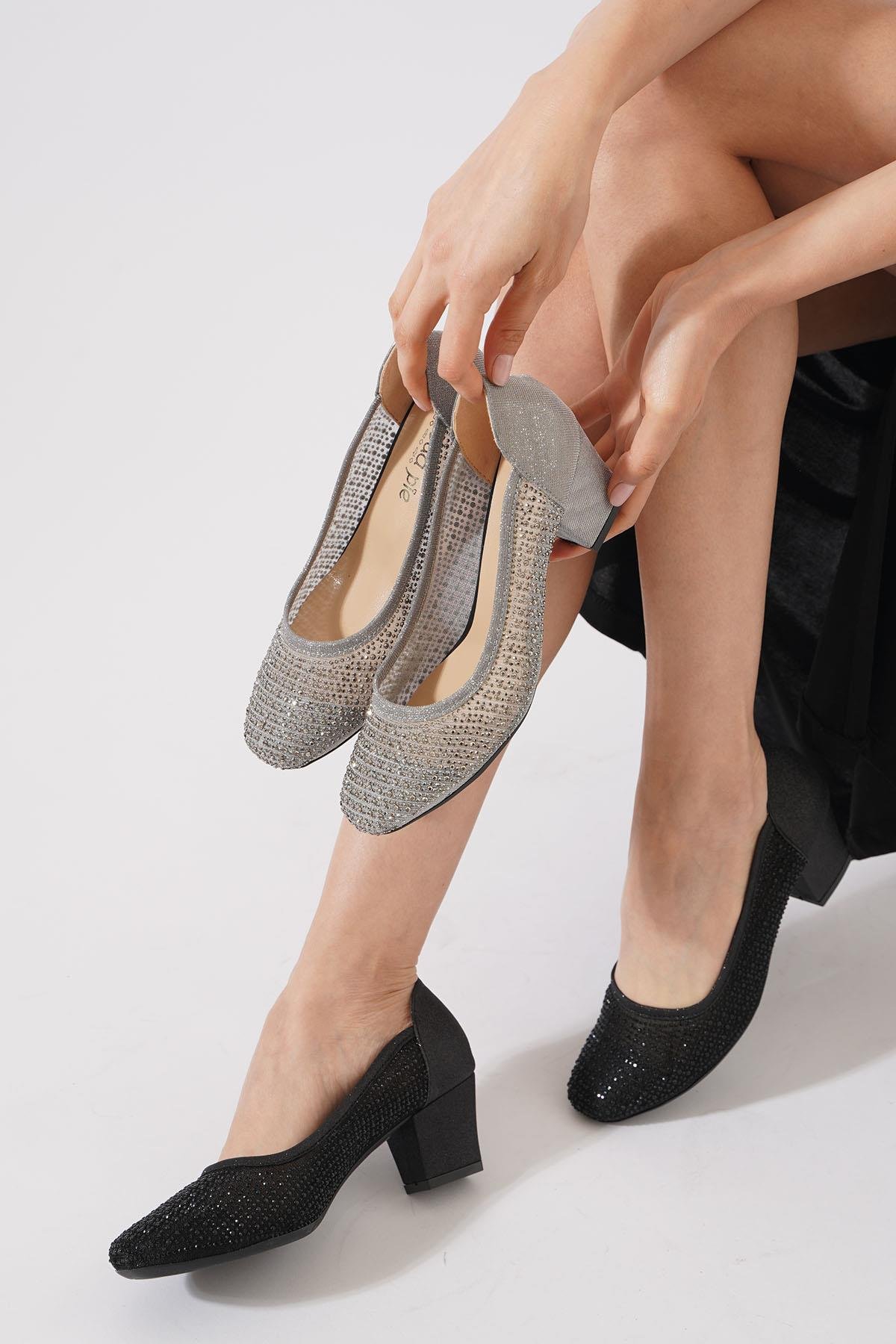 Kehres Cam Taşlı Fileli  Kadın Topuklu Ayakkabı Siyah Sim