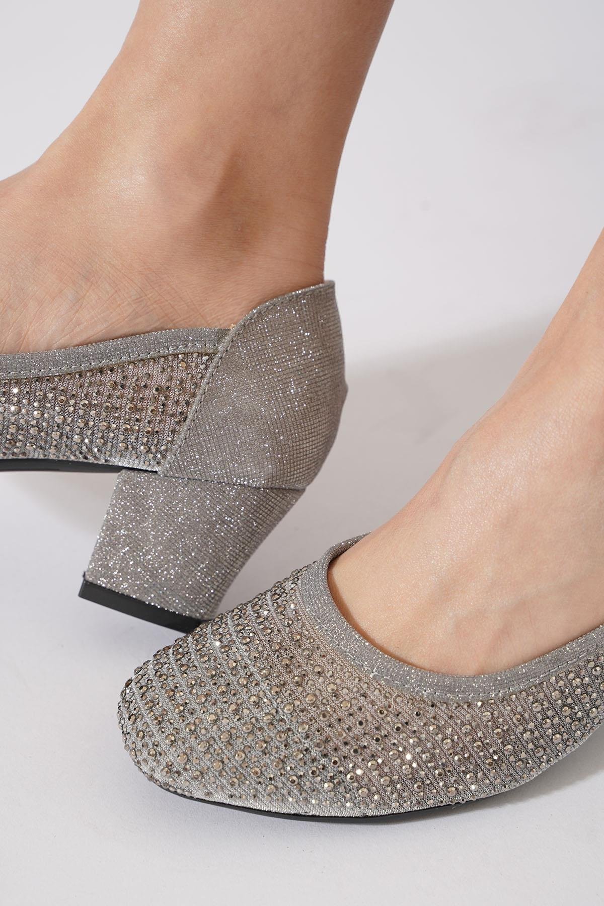 Kehres Cam Taşlı Fileli  Kadın Topuklu Ayakkabı Platin Sim