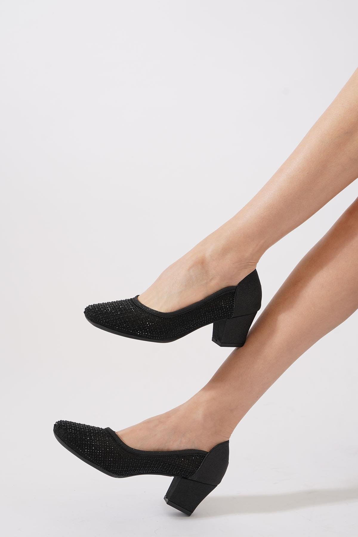 Kehres Cam Taşlı Fileli  Kadın Topuklu Ayakkabı Siyah Sim