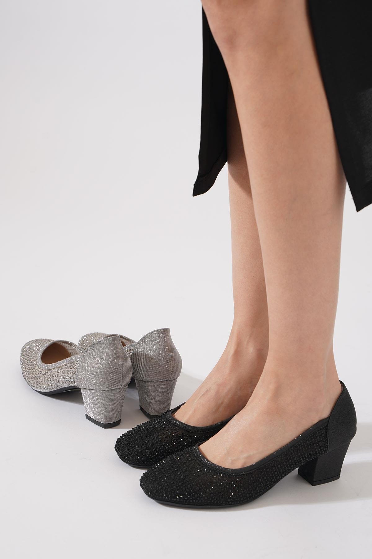 Kehres Cam Taşlı Fileli  Kadın Topuklu Ayakkabı Siyah Sim