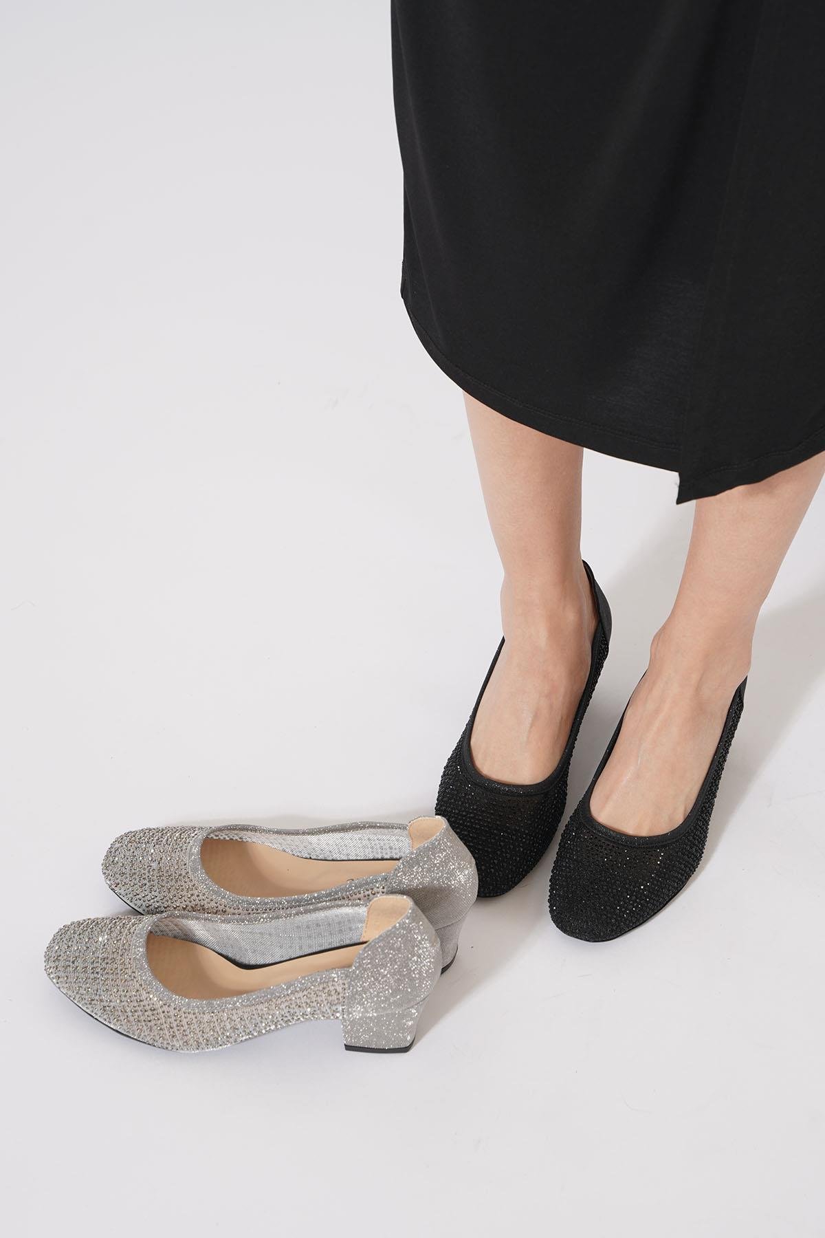 Kehres Cam Taşlı Fileli  Kadın Topuklu Ayakkabı Platin Sim