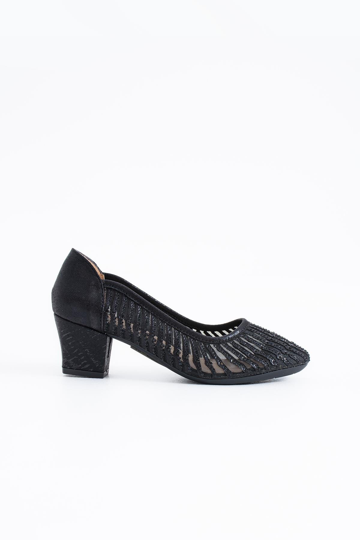 Kurseve Yaprak Simli Fileli  Kadın Topuklu Ayakkabı Siyah Sim