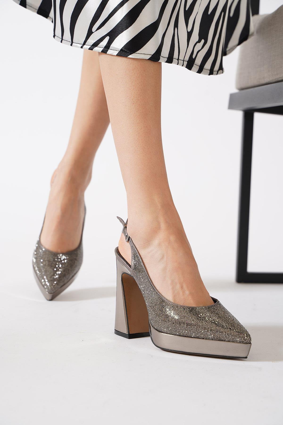 Lacestar Pltform Taşlı Kadın Abiye Ayakkabı Platin Ayna