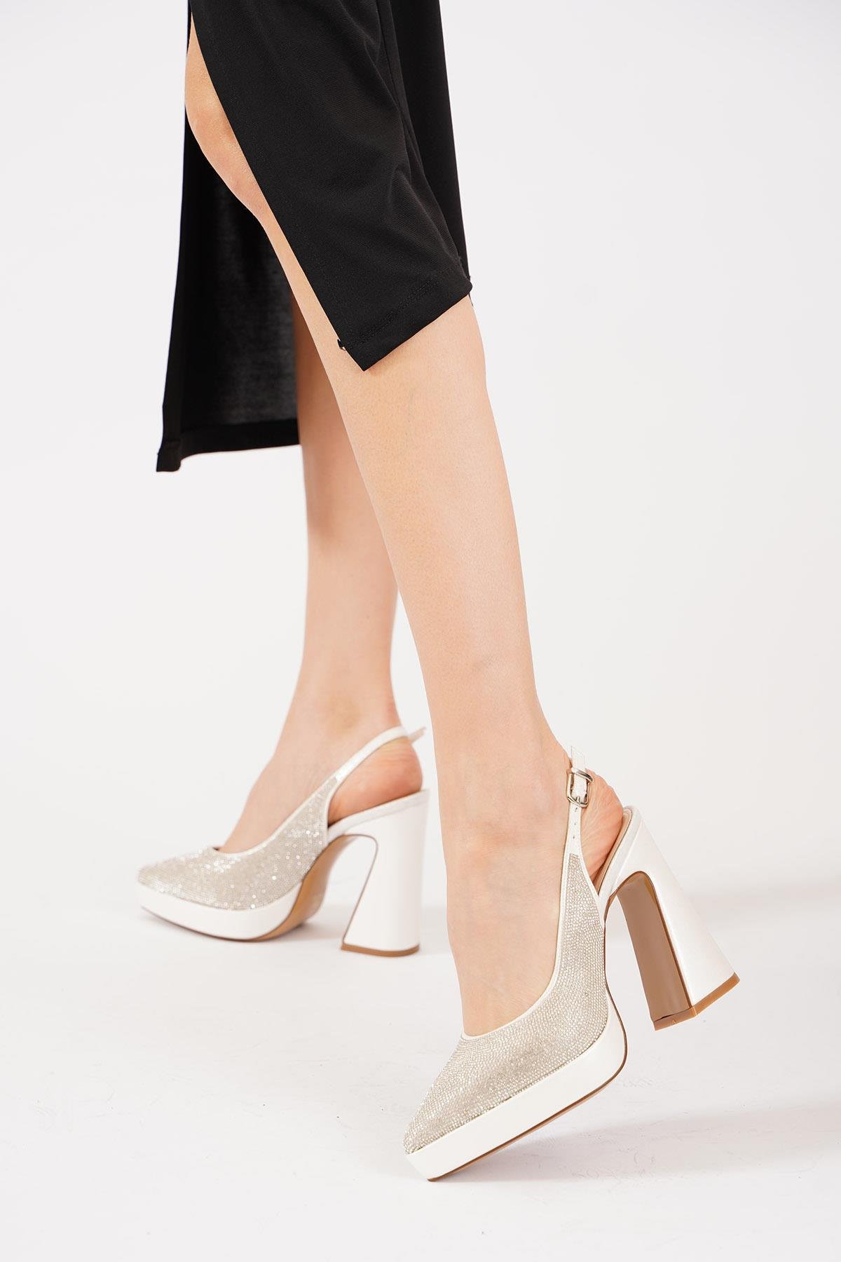 Lacestar Pltform Taşlı Kadın Abiye Ayakkabı Sedef Cilt