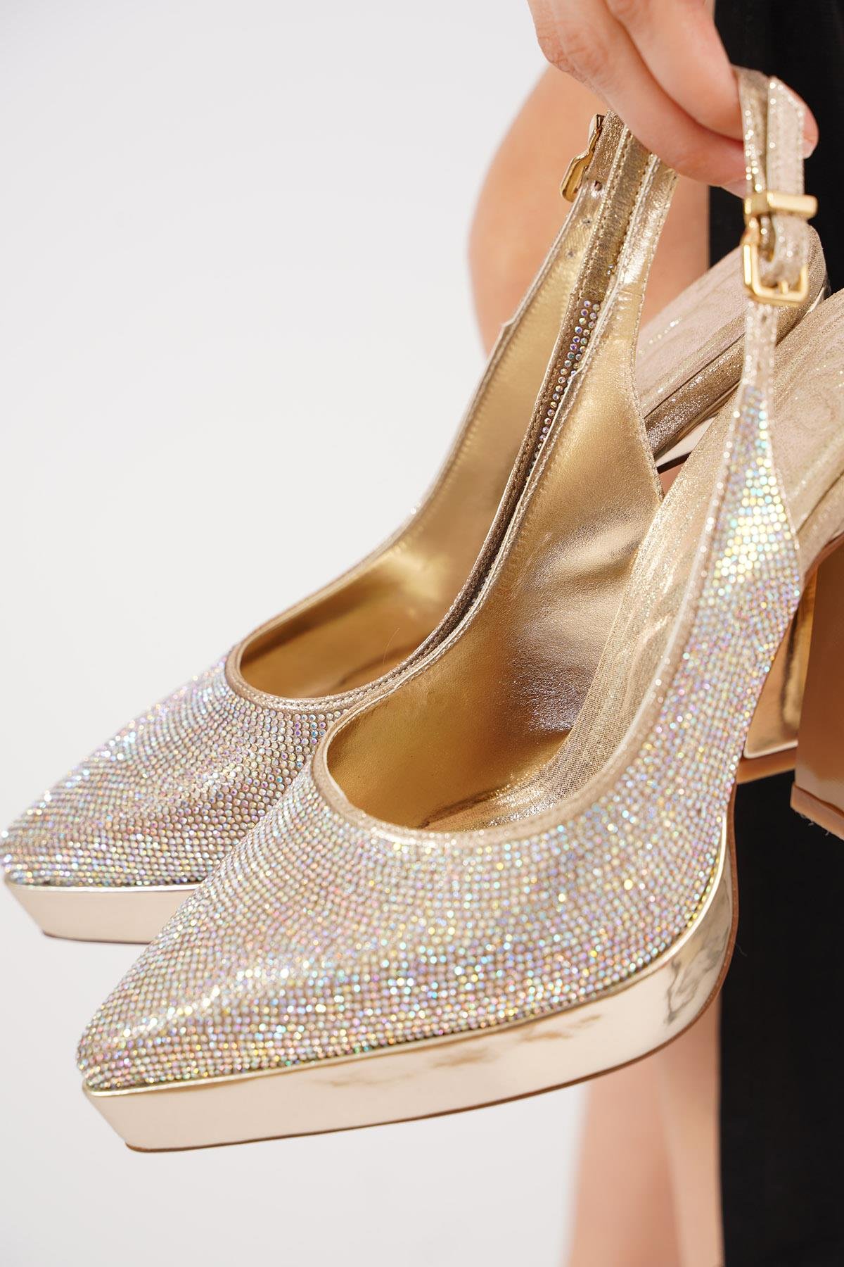 Lacestar Pltform Taşlı Kadın Abiye Ayakkabı Altın Ayna