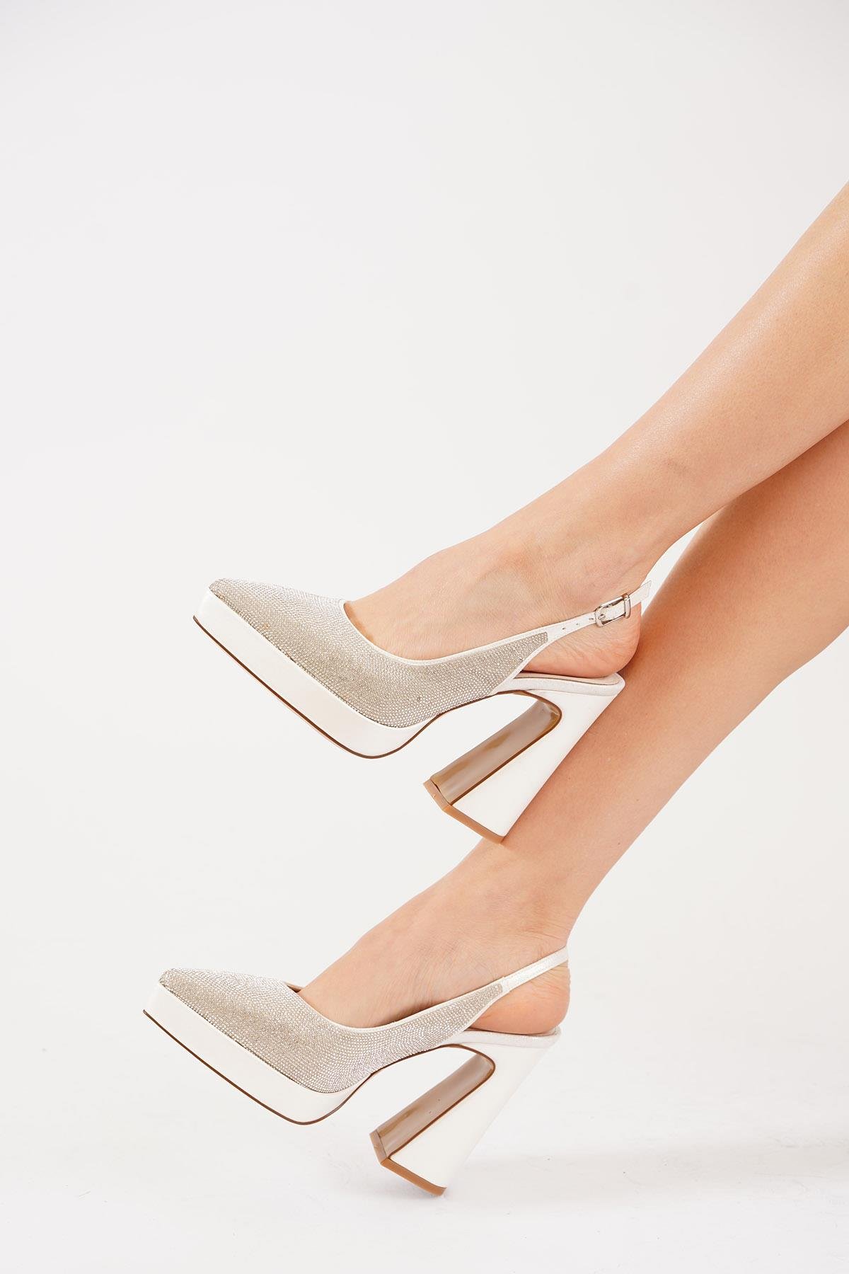 Lacestar Pltform Taşlı Kadın Abiye Ayakkabı Sedef Cilt