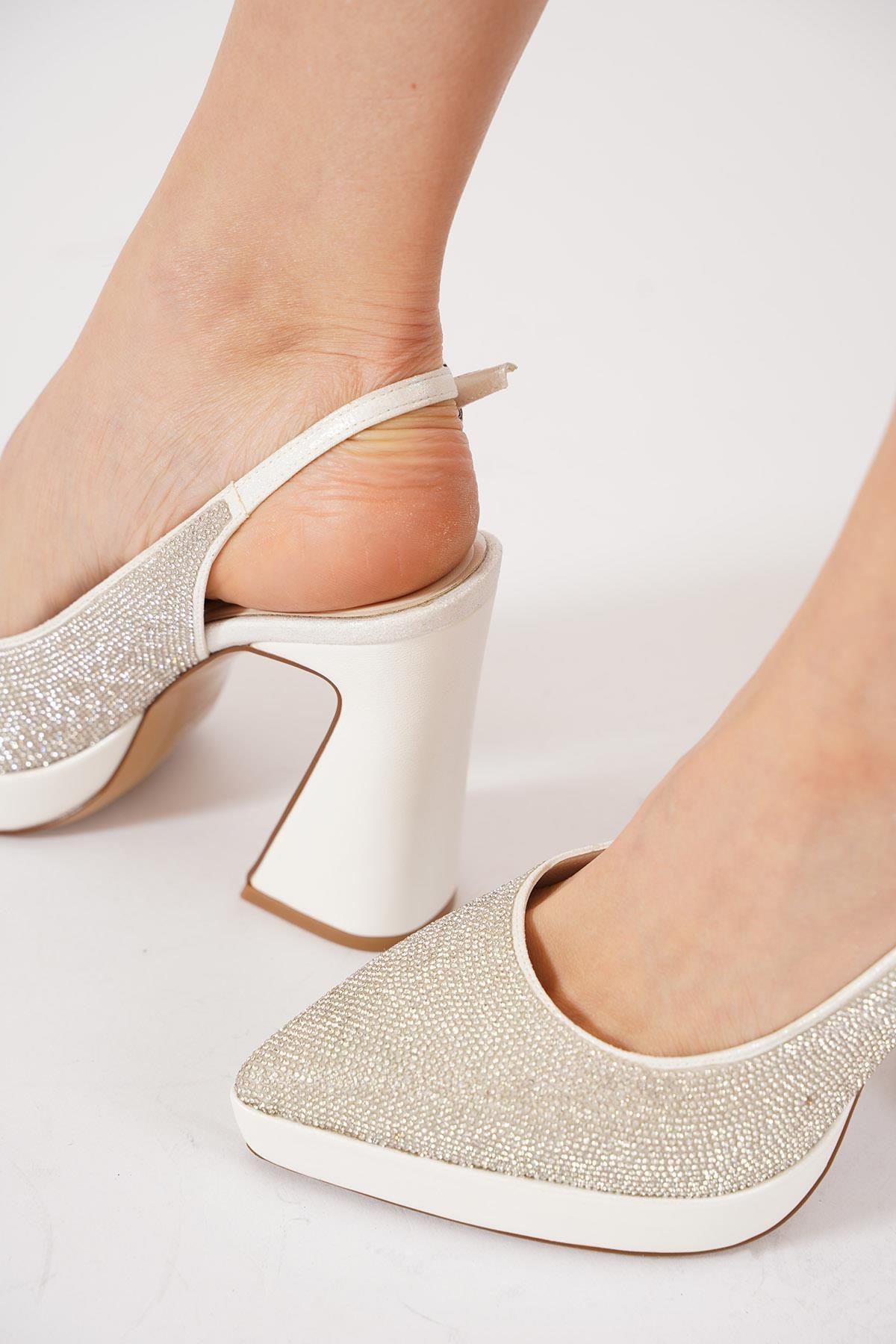 Lacestar Pltform Taşlı Kadın Abiye Ayakkabı Sedef Cilt
