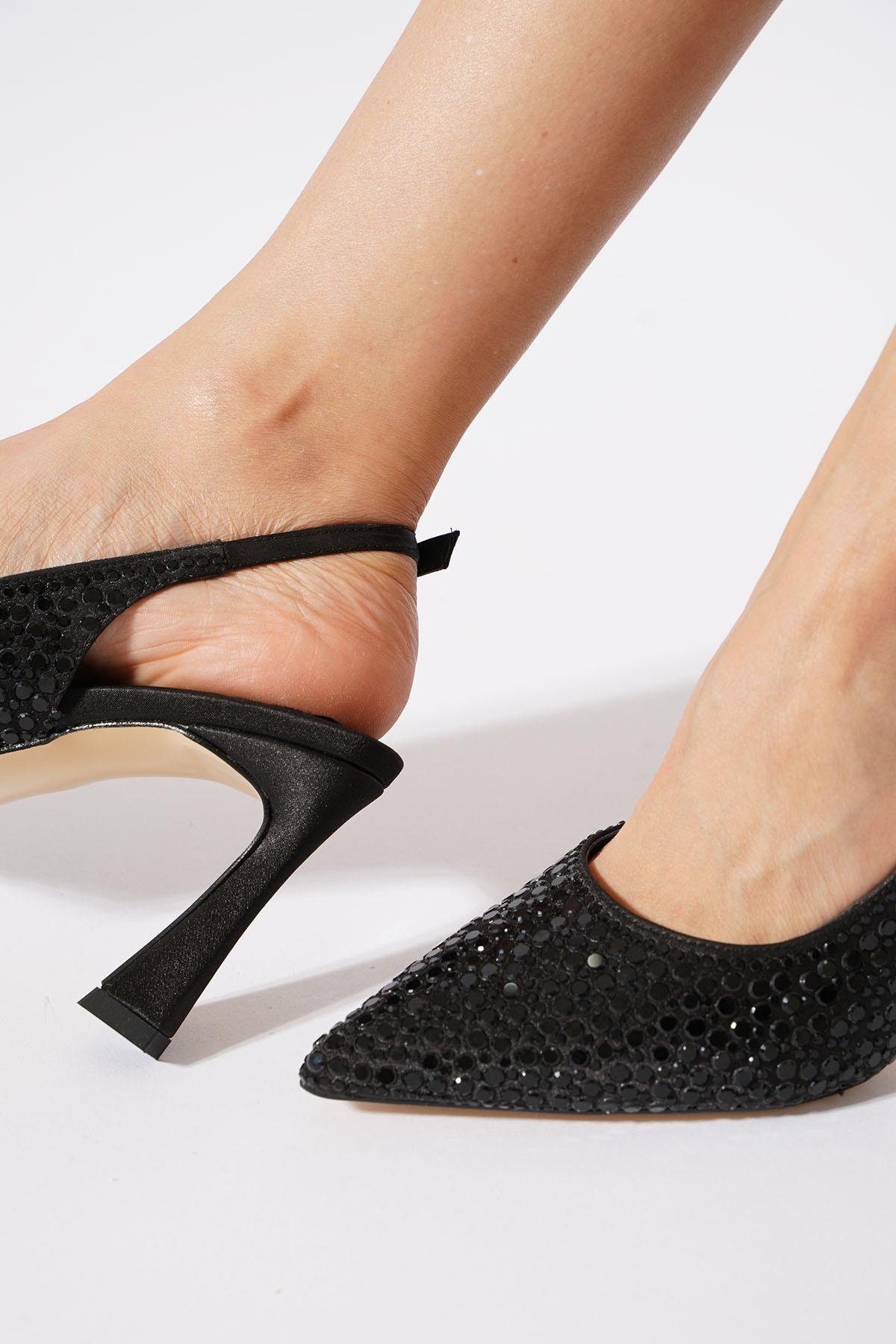 Lesa Yuvarlak Taşlı Arka Açık Kadın Abiye Ayakkabı Siyah Saten