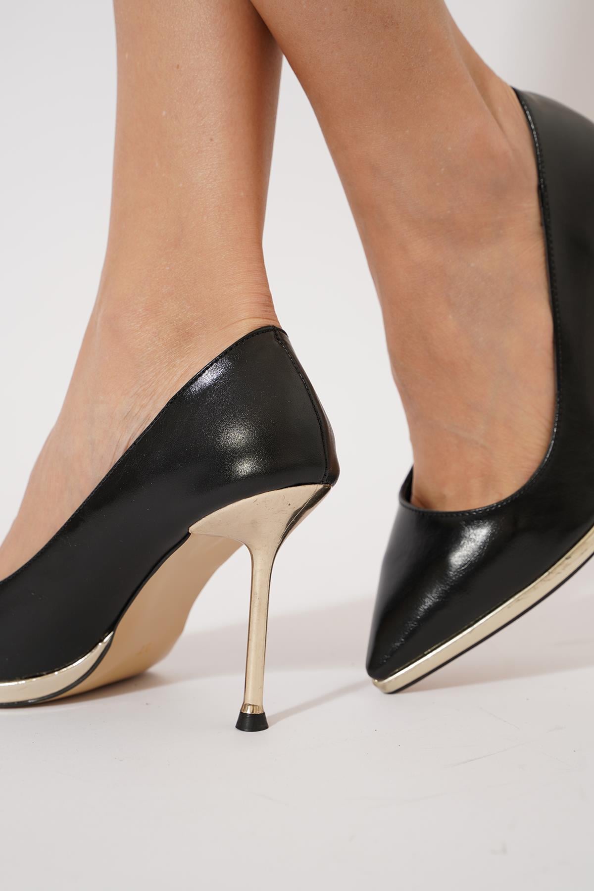 Lestis İnce Platform Galveniz Ökçe Kadın Stiletto Siyah Kırısık