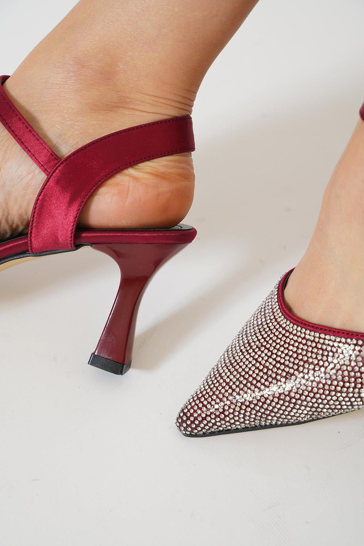 Lolet Komple Taşlı Arka Açık Kadın Abiye Ayakkabı Bordo Saten