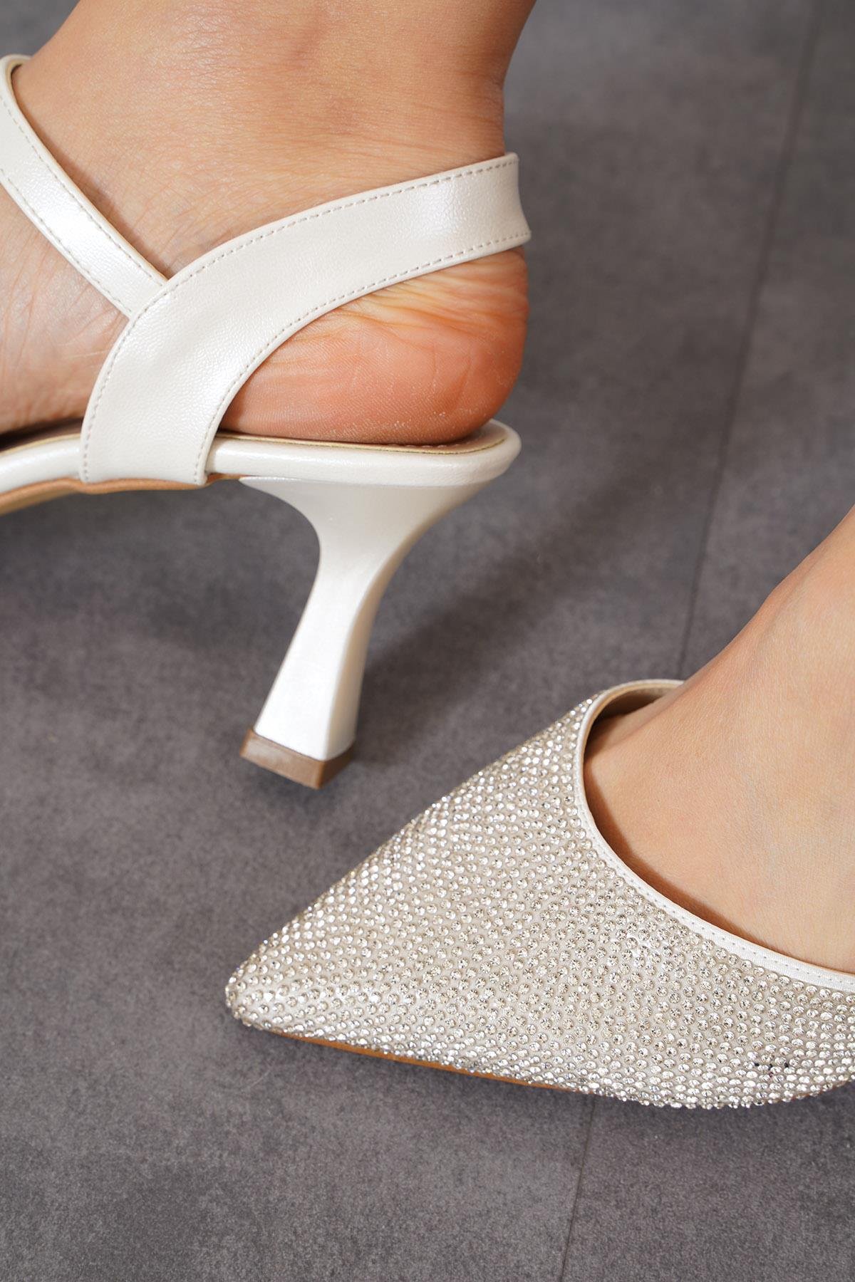 Lolet Komple Taşlı Arka Açık Kadın Abiye Ayakkabı Sedef Cilt