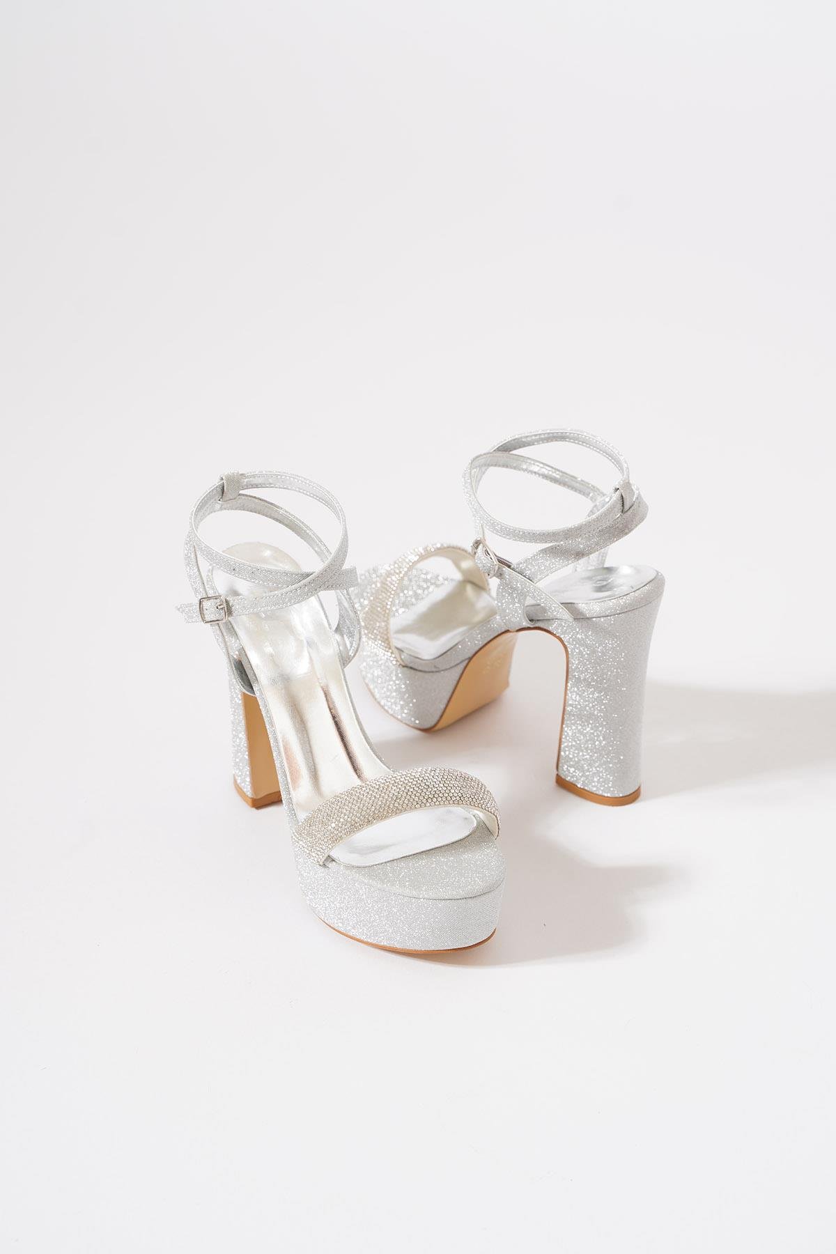 Lomens Tek Bant Plt Taşlı Kadın Abiye  Ayakkabı Gümüş Sim