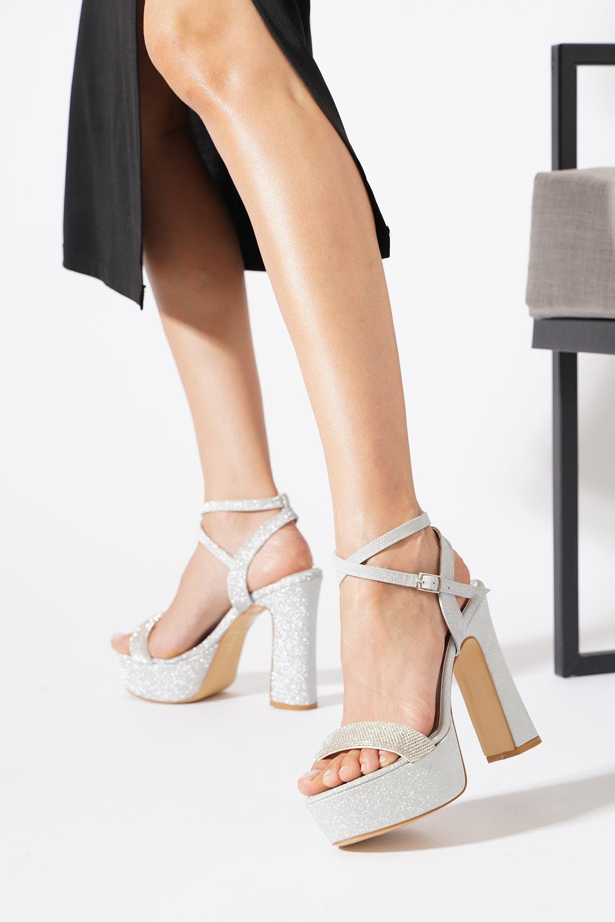 Lomens Tek Bant Plt Taşlı Kadın Abiye  Ayakkabı Gümüş Sim