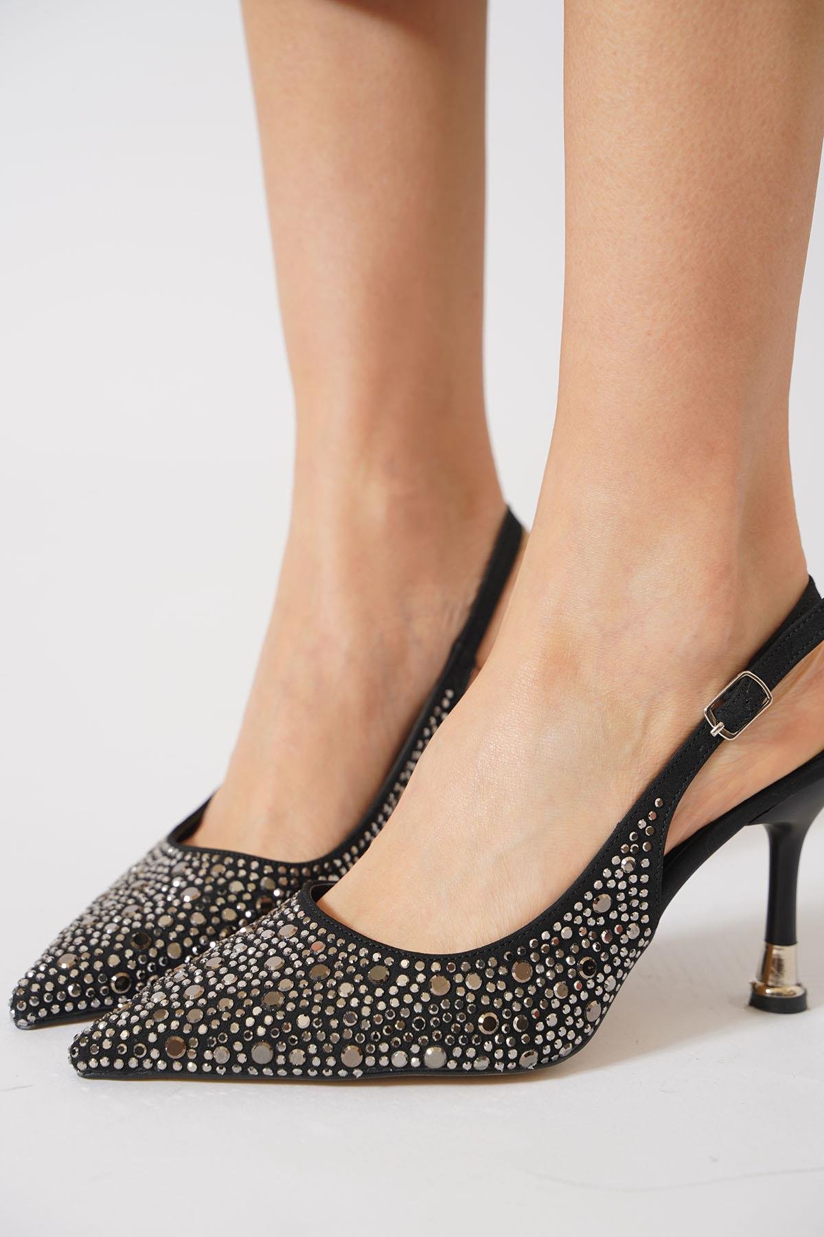 Lupin Taşlı Arka Açık Kadın Abiye Topuklu Ayakkabı Siyah Saten