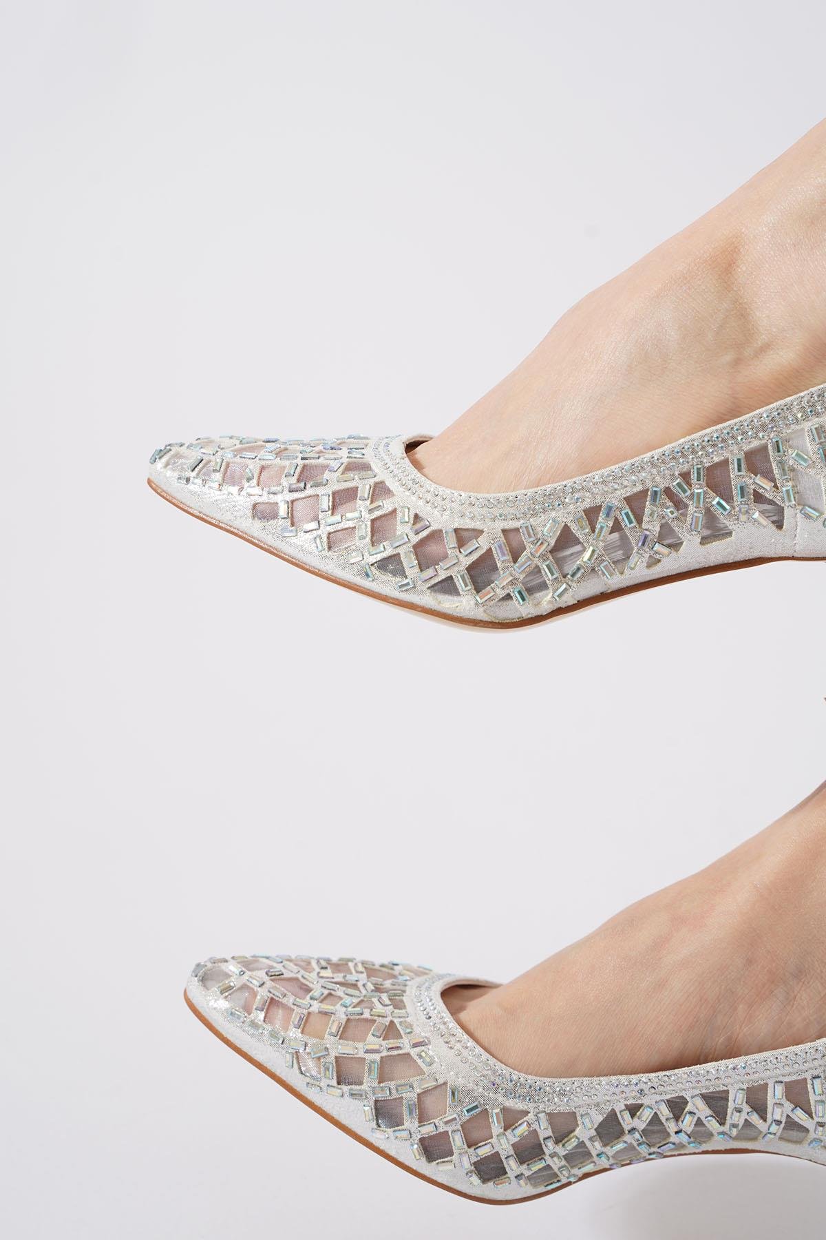 Mersgew Cam Taş Alçak Fileli Kadın Abiye Ayakkabı Gümüş Sıvama